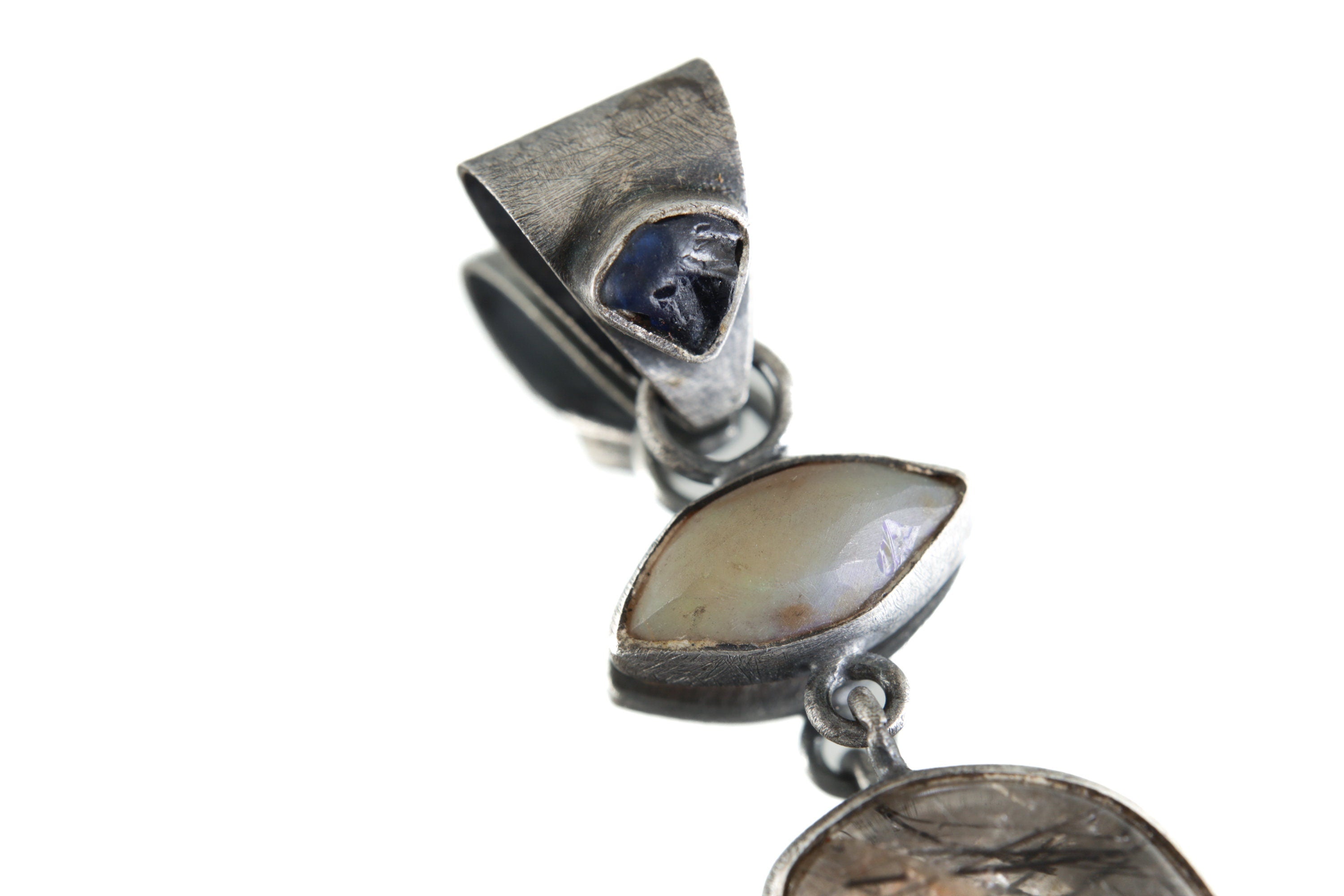 Australis Opal Radiance: Australian river-tumbled Sapphire & Black Rutile Quartz - Sterling Silver Pendant - Oxidized - Brush Textured