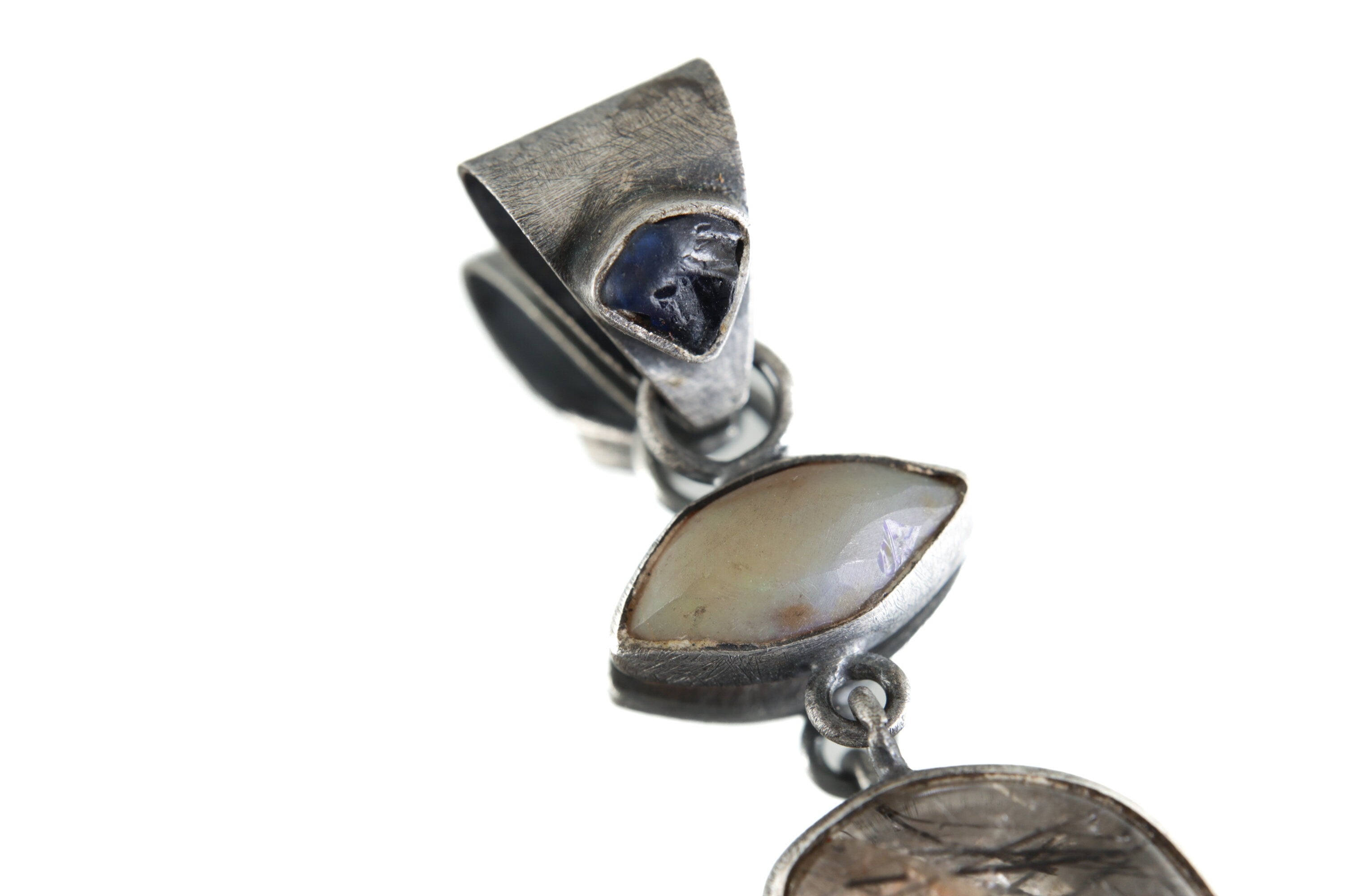 Ethiopian Opal Sapphire Black Rutile Quartz Pendant, Oxidized Sterling Silver Eye Charm, Brush Texture, Aged Look Talisman