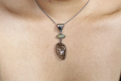 Australis Opal Radiance: Australian river-tumbled Sapphire & Black Rutile Quartz - Sterling Silver Pendant - Oxidized - Brush Textured