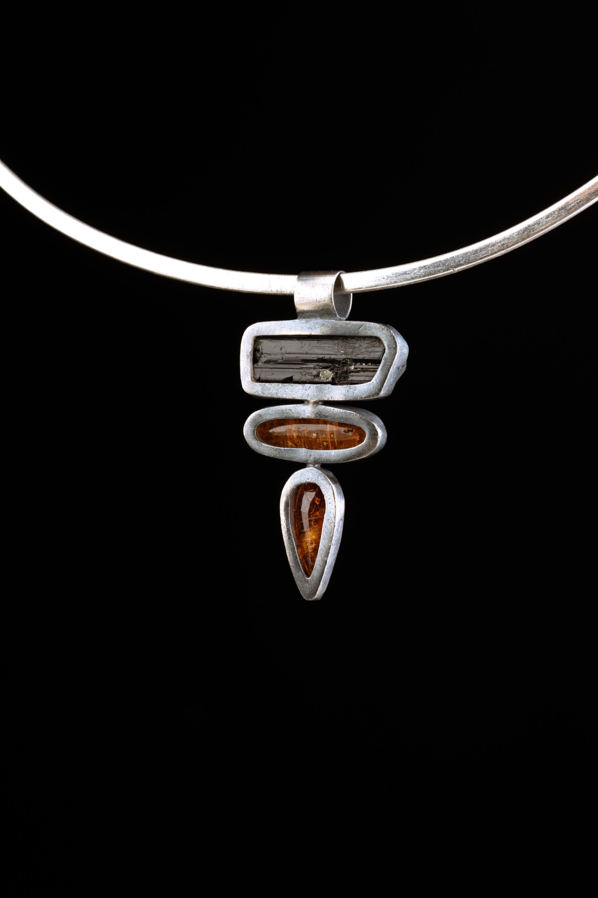 Triple Stone Pendant 925 Silver Black Tourmaline Red Kyanite Oxidized Brushed Necklace Talisman