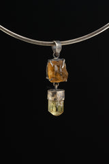 Claw Set Raw Sparkling Sunstone with Dangling Terminated Yellow Apatite Pendant, 925 Sterling Silver, Oxidized & Textured, Crystal Necklace
