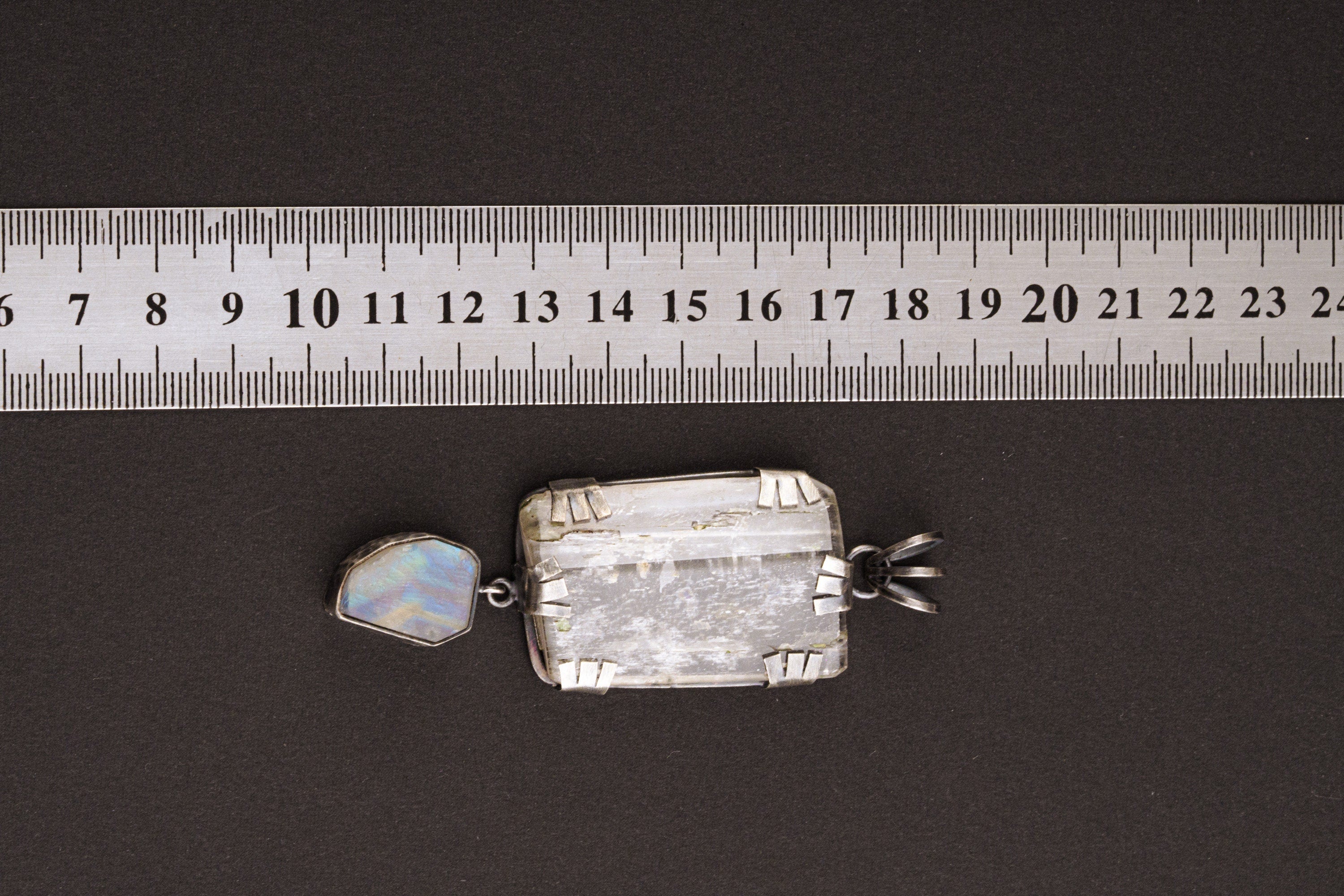 Industrial Raw Brutalist Style Pendant, Large Rainbow Inclusion Kunzite with Dangling Raw Blue Moonstone, Oxidised Hammered Sterling Silver