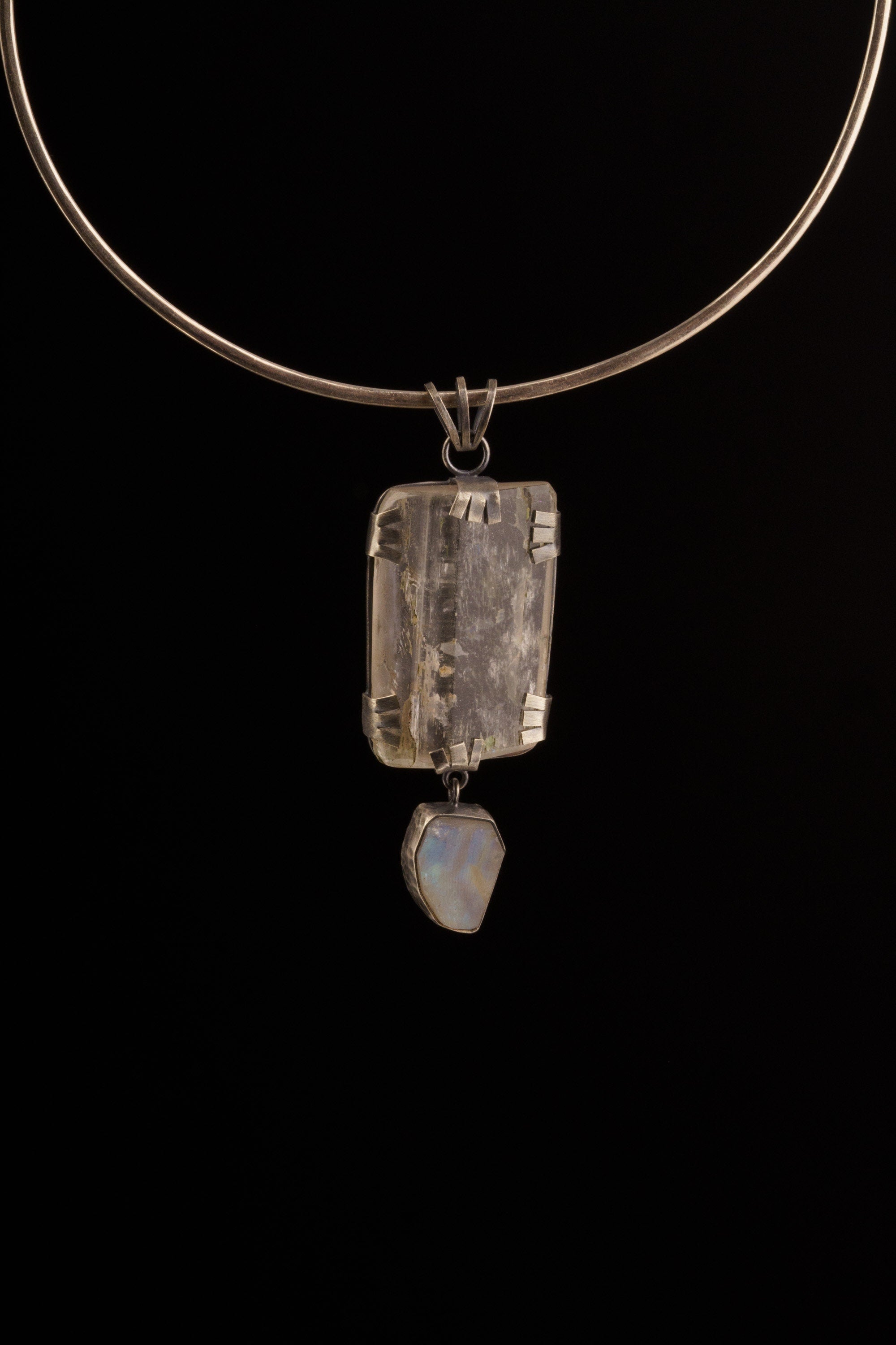 Industrial Raw Brutalist Style Pendant, Large Rainbow Inclusion Kunzite with Dangling Raw Blue Moonstone, Oxidised Hammered Sterling Silver