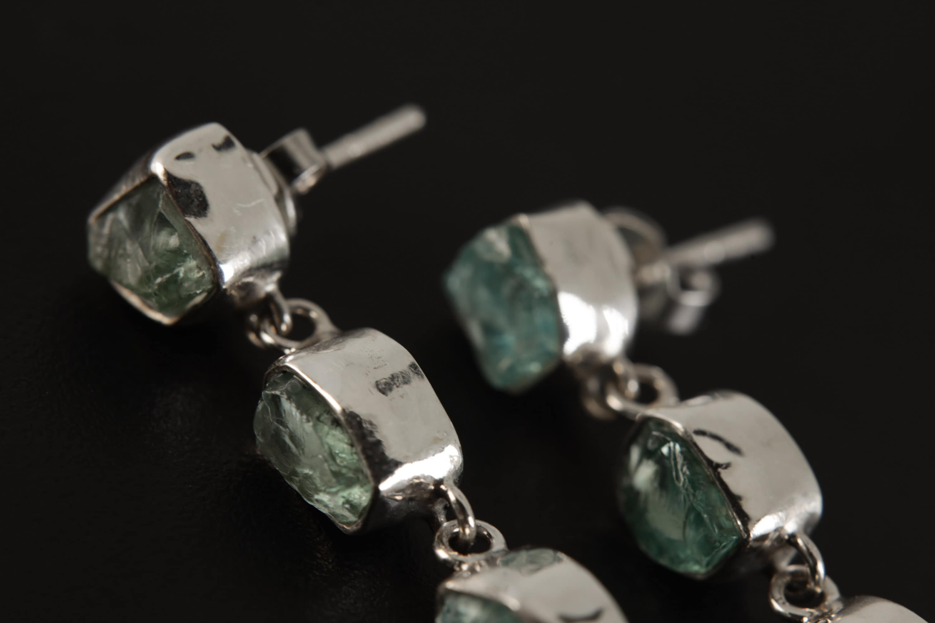 Unique Blue Apatite Raw Gem Studs in Sterling Silver - Organic Shaped Earring Drop with Shiny Finish - 3 Dangling Crystals Teardrop
