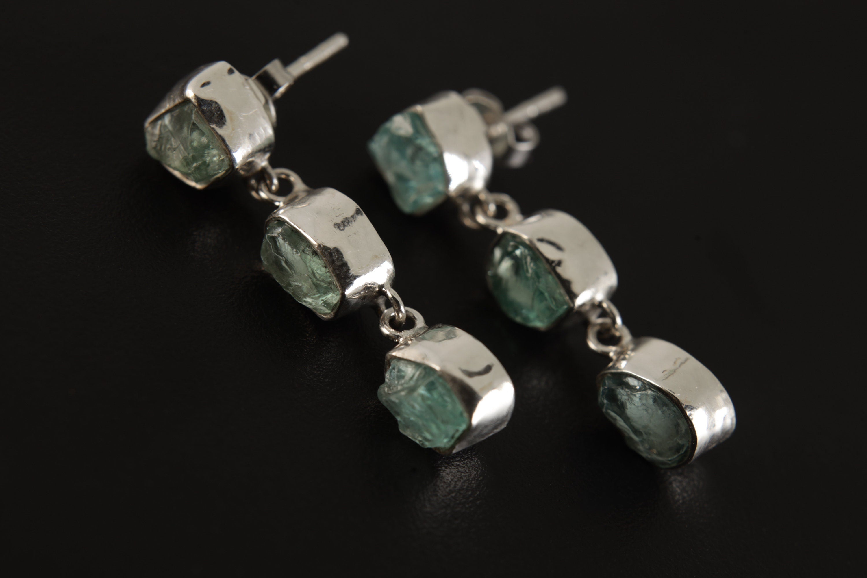 Blue Apatite Stud Drop Earrings 925 Sterling Silver Three Stone Geometric Raw Gem Throat Third Eye Chakra Gift