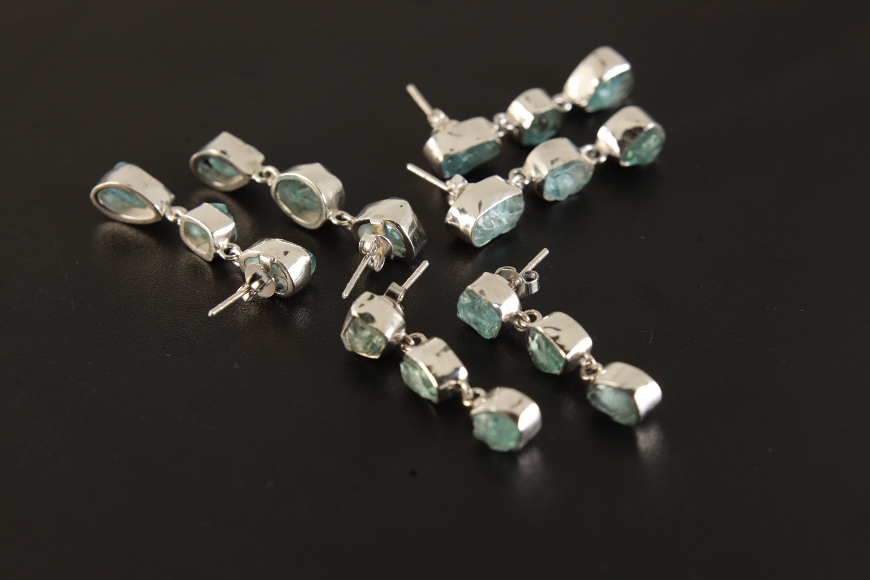 Unique Blue Apatite Raw Gem Studs in Sterling Silver - Organic Shaped Earring Drop with Shiny Finish - 3 Dangling Crystals Teardrop