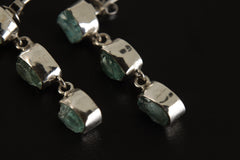 Unique Blue Apatite Raw Gem Studs in Sterling Silver - Organic Shaped Earring Drop with Shiny Finish - 3 Dangling Crystals Teardrop