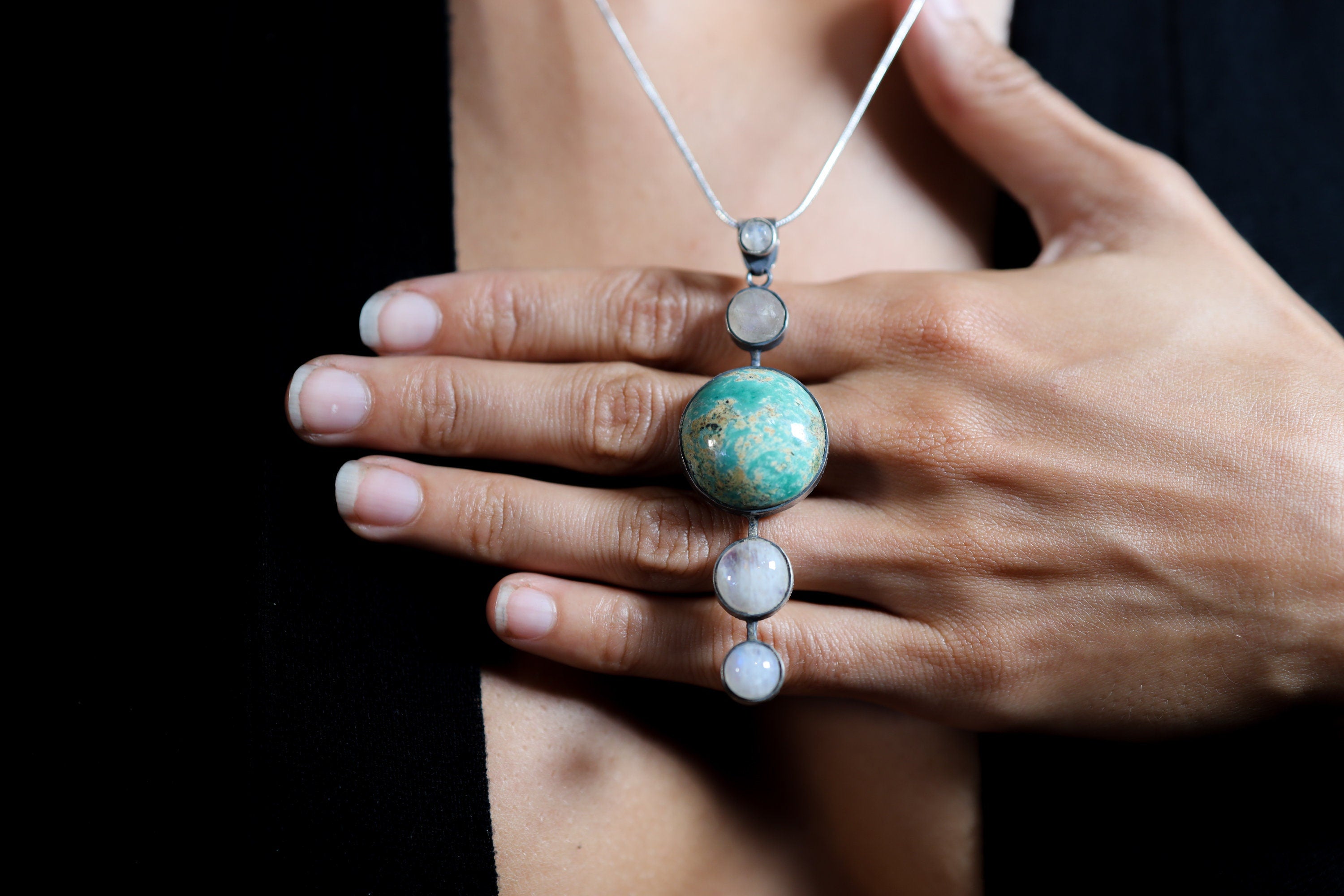 Shining Moonstone Waterfall with Turquoise - Sterling Silver Pendant - Brush Texture & Oxidized - Strength, Healing and Protection Stone