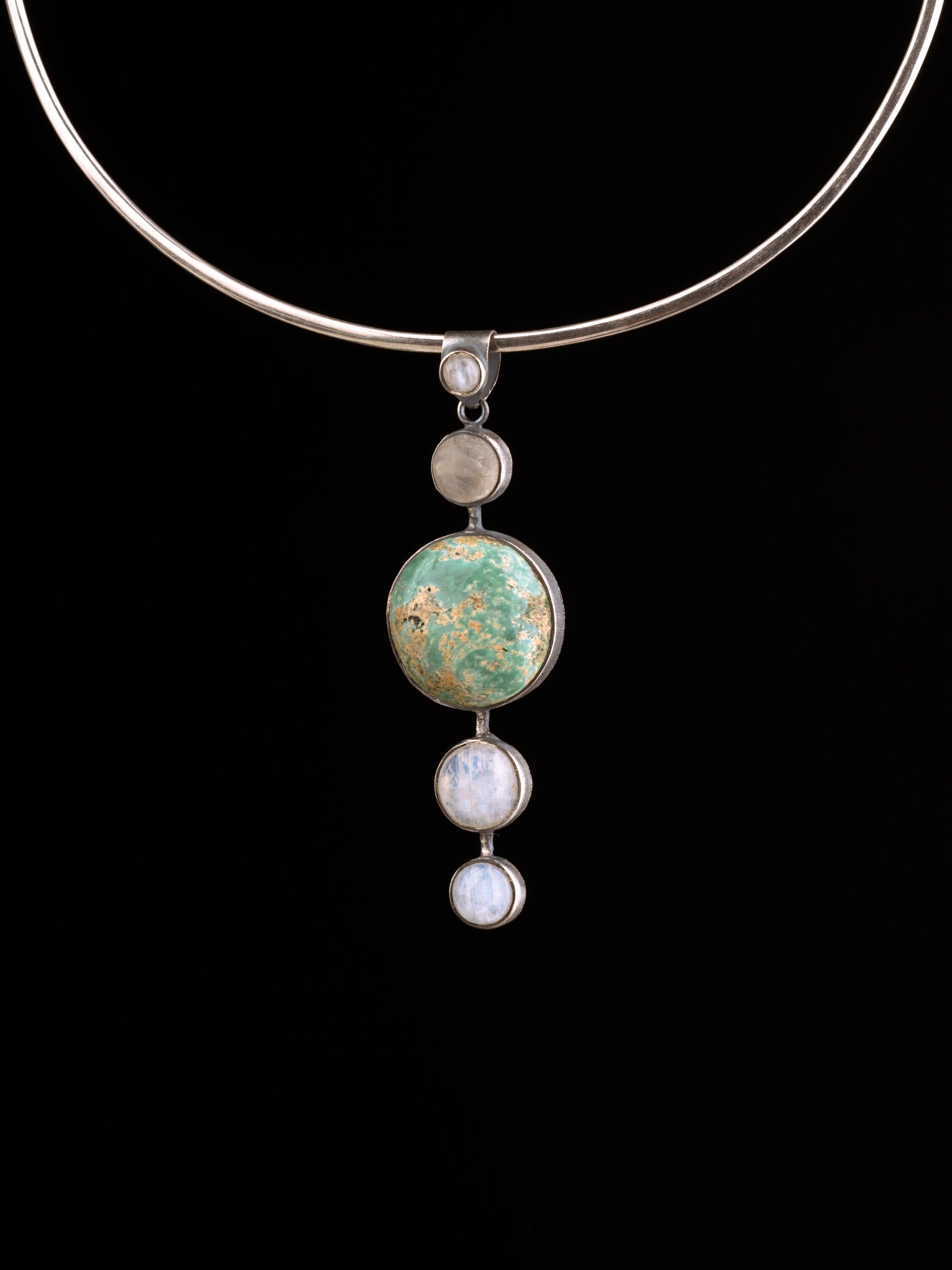 Shining Moonstone Waterfall with Turquoise - Sterling Silver Pendant - Brush Texture & Oxidized - Strength, Healing and Protection Stone