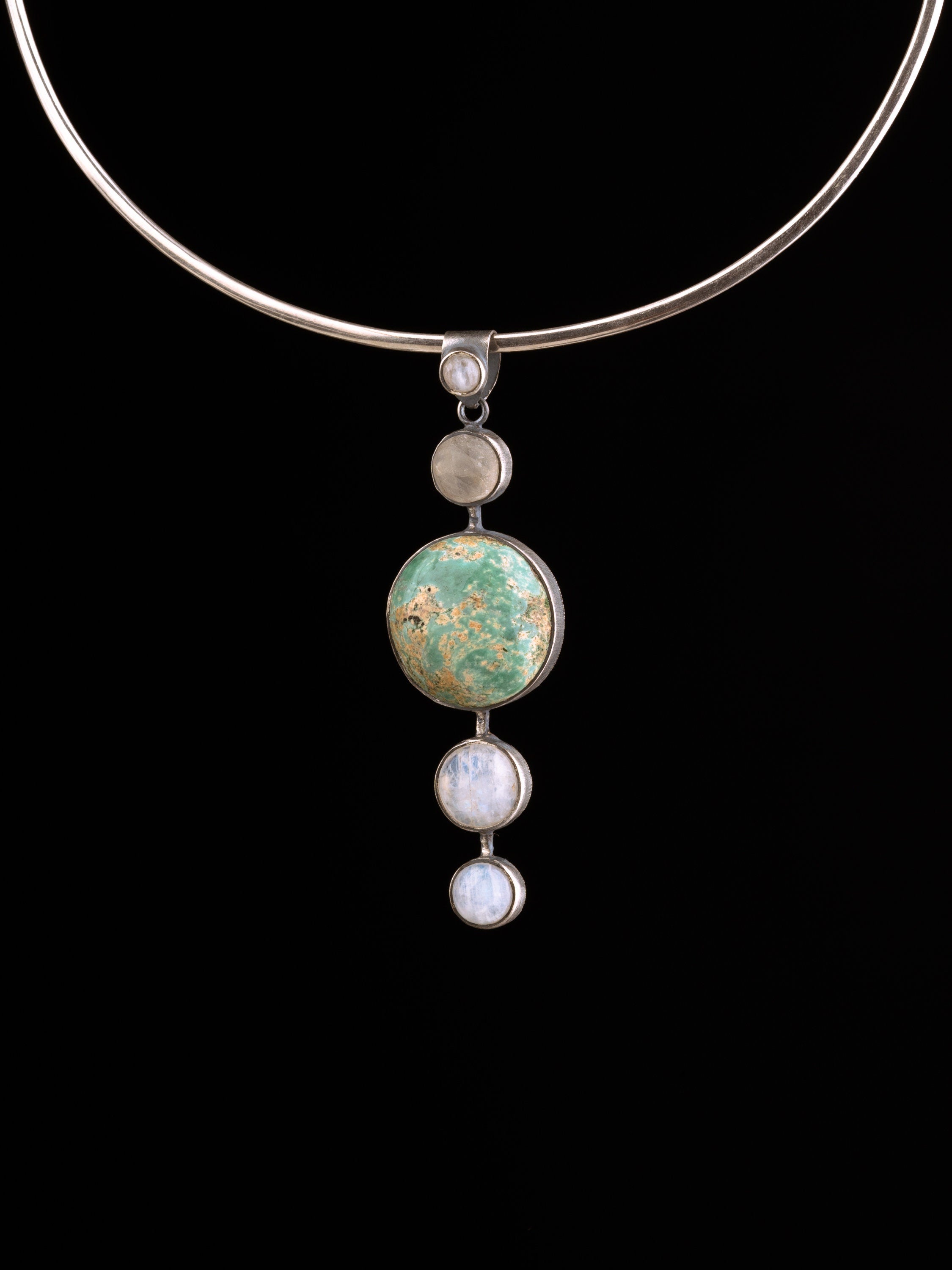 Shining Moonstone Waterfall with Turquoise - Sterling Silver Pendant - Brush Texture & Oxidized - Strength, Healing and Protection Stone