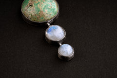 Shining Moonstone Waterfall with Turquoise - Sterling Silver Pendant - Brush Texture & Oxidized - Strength, Healing and Protection Stone
