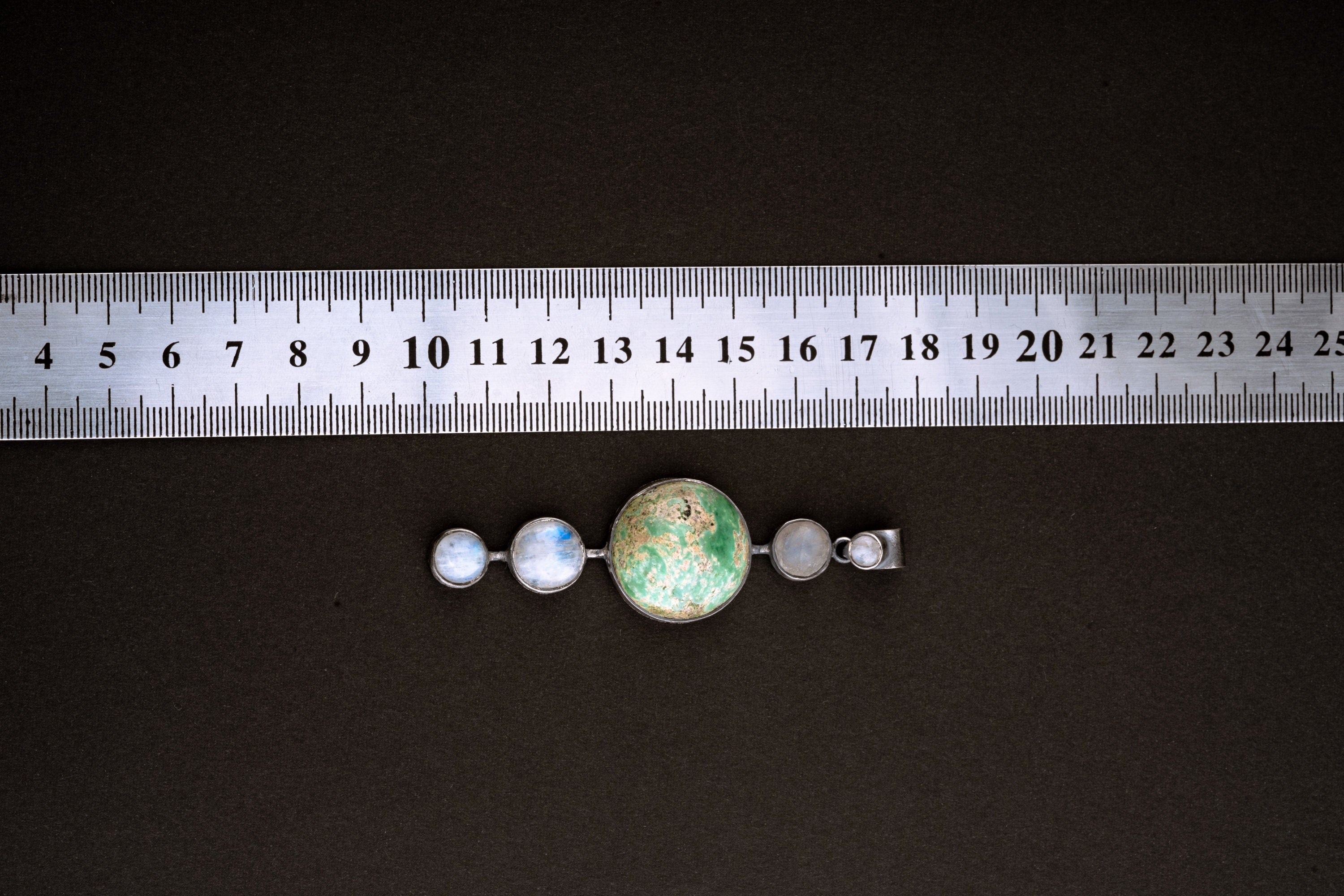 Shining Moonstone Waterfall with Turquoise - Sterling Silver Pendant - Brush Texture & Oxidized - Strength, Healing and Protection Stone
