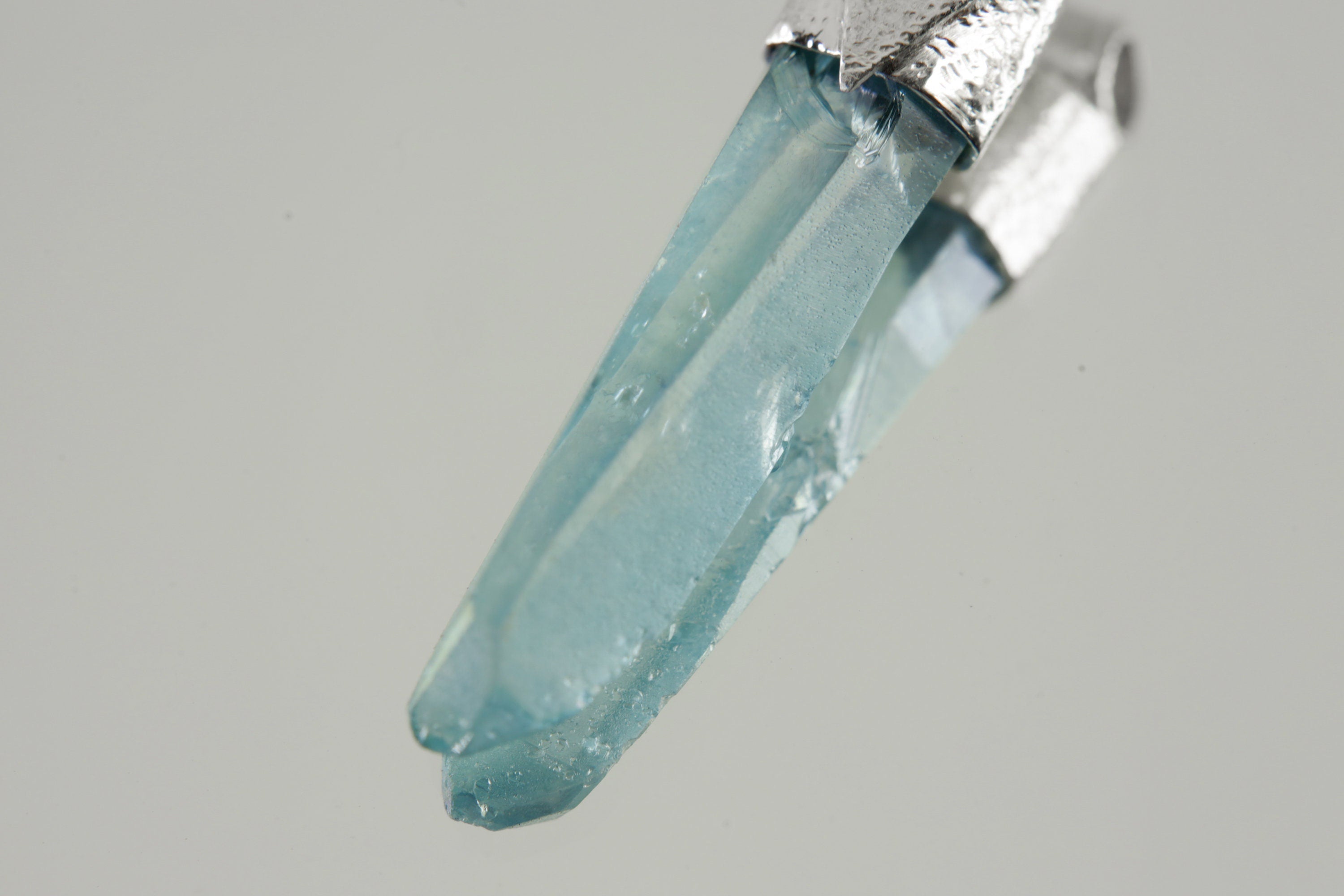 Lemurian Laser Aqua Aura Quartz Point Stack Pendant, Organic Textured 925 Sterling Silver, Throat Chakra,Aquarius Zodiac,Unique Gift - No/02