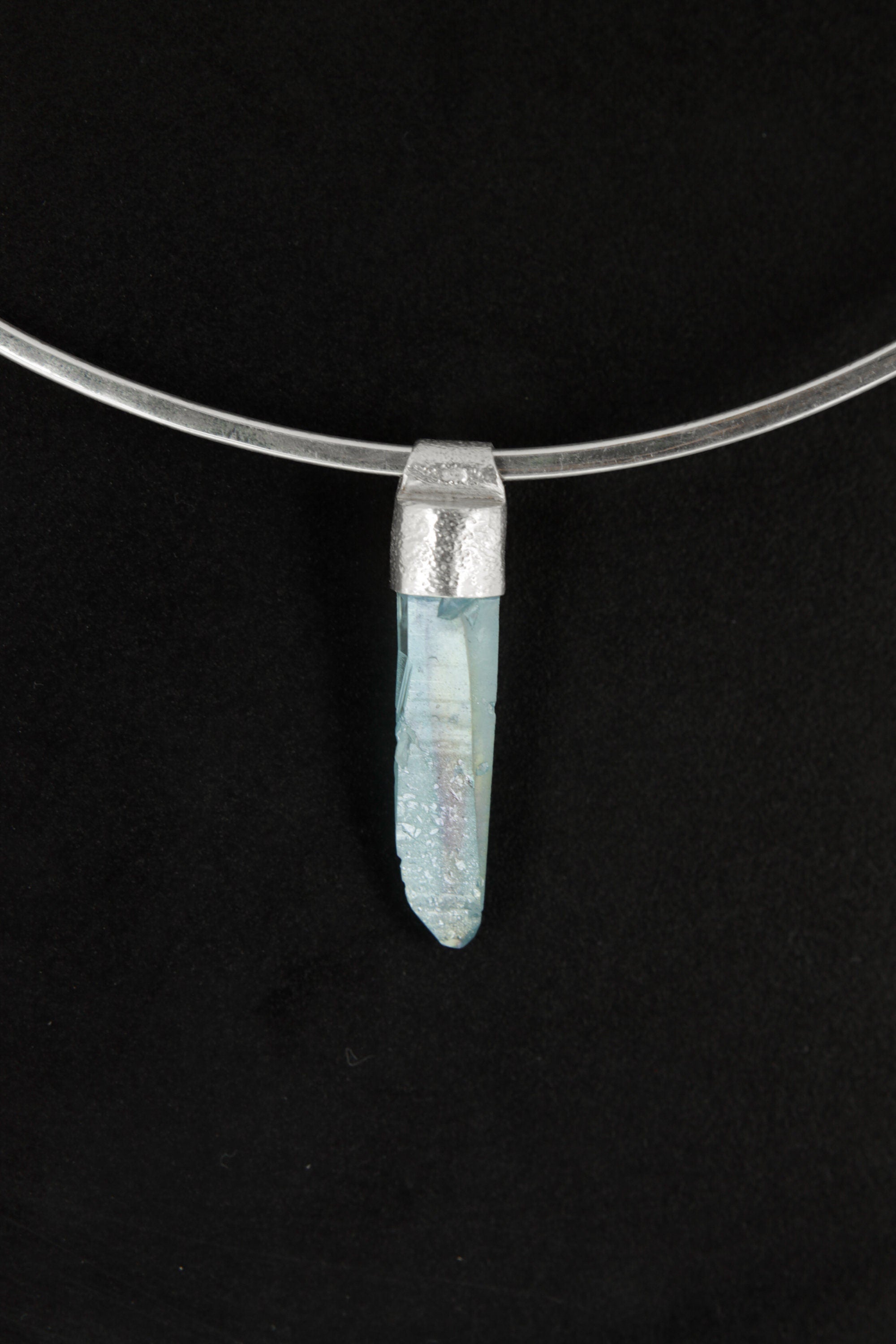 Lemurian Laser Aqua Aura Quartz Point Stack Pendant, Organic Textured 925 Sterling Silver, Throat Chakra,Aquarius Zodiac,Unique Gift - No/02