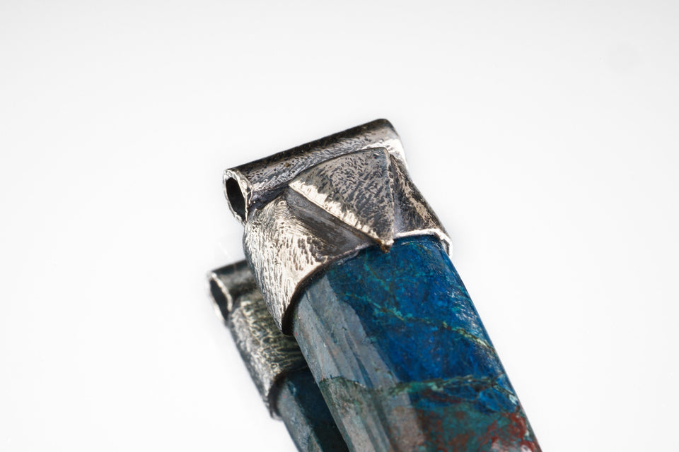 Close-up of Azurite Stack Pendant showing deep blue copper mineral colour and organic silver cap.