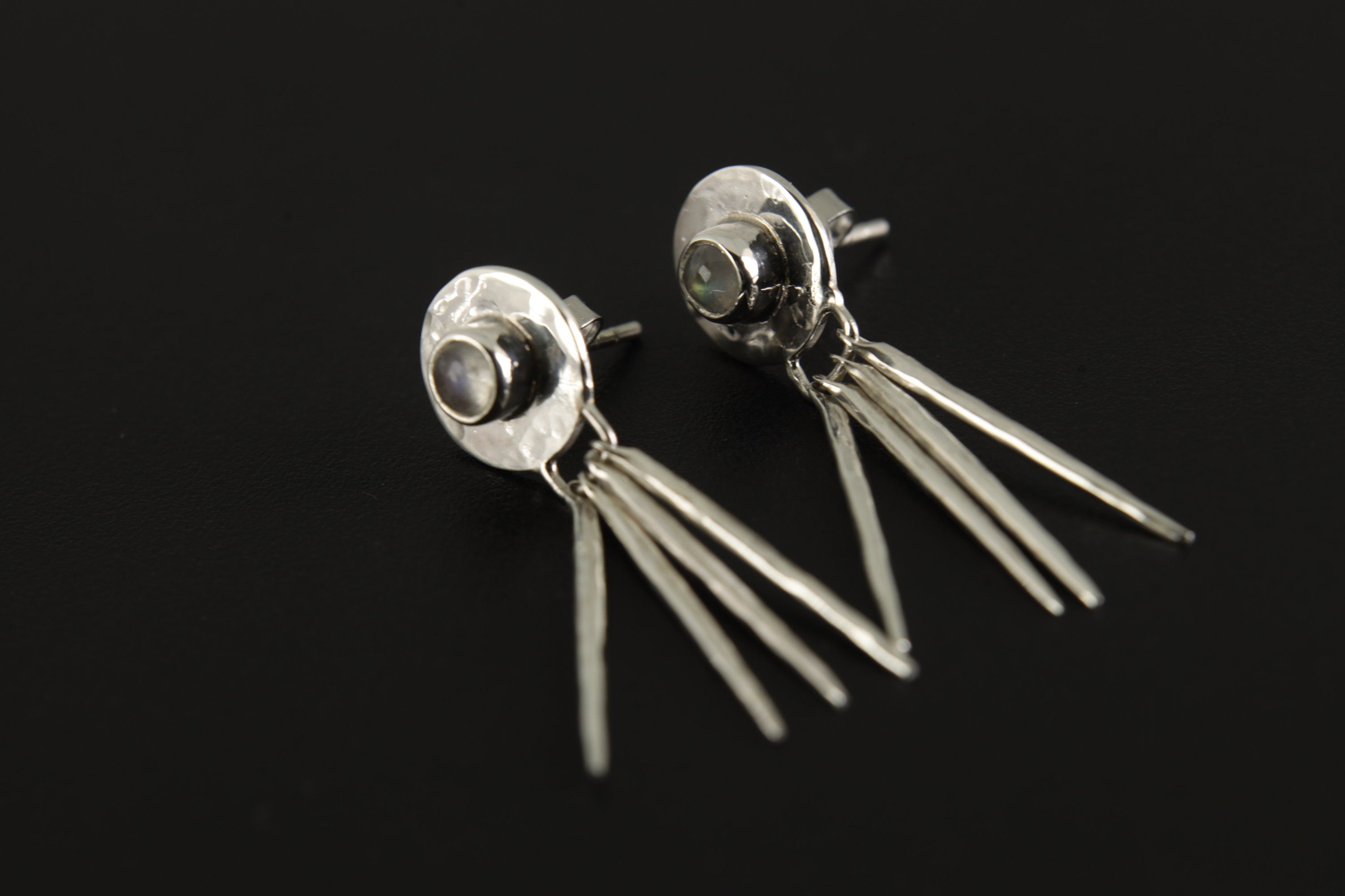 Blue Moonstone Sterling Silver Drop Earrings: Hammered Ray Design