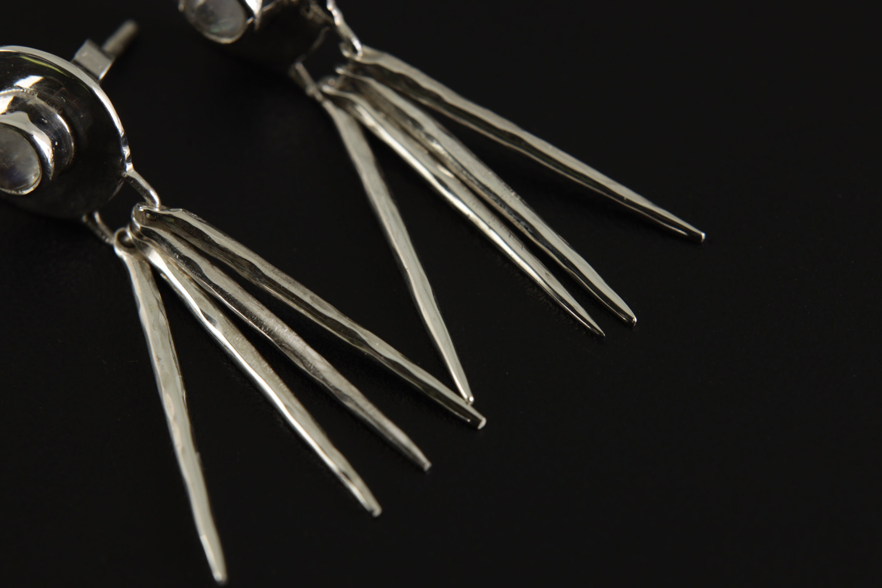 Petite Blue Moonstone Round Studs in 925 Sterling Silver, Shiny & Hammer Textured with Dangling Moon Ray Spikes Earrings Matching Necklace