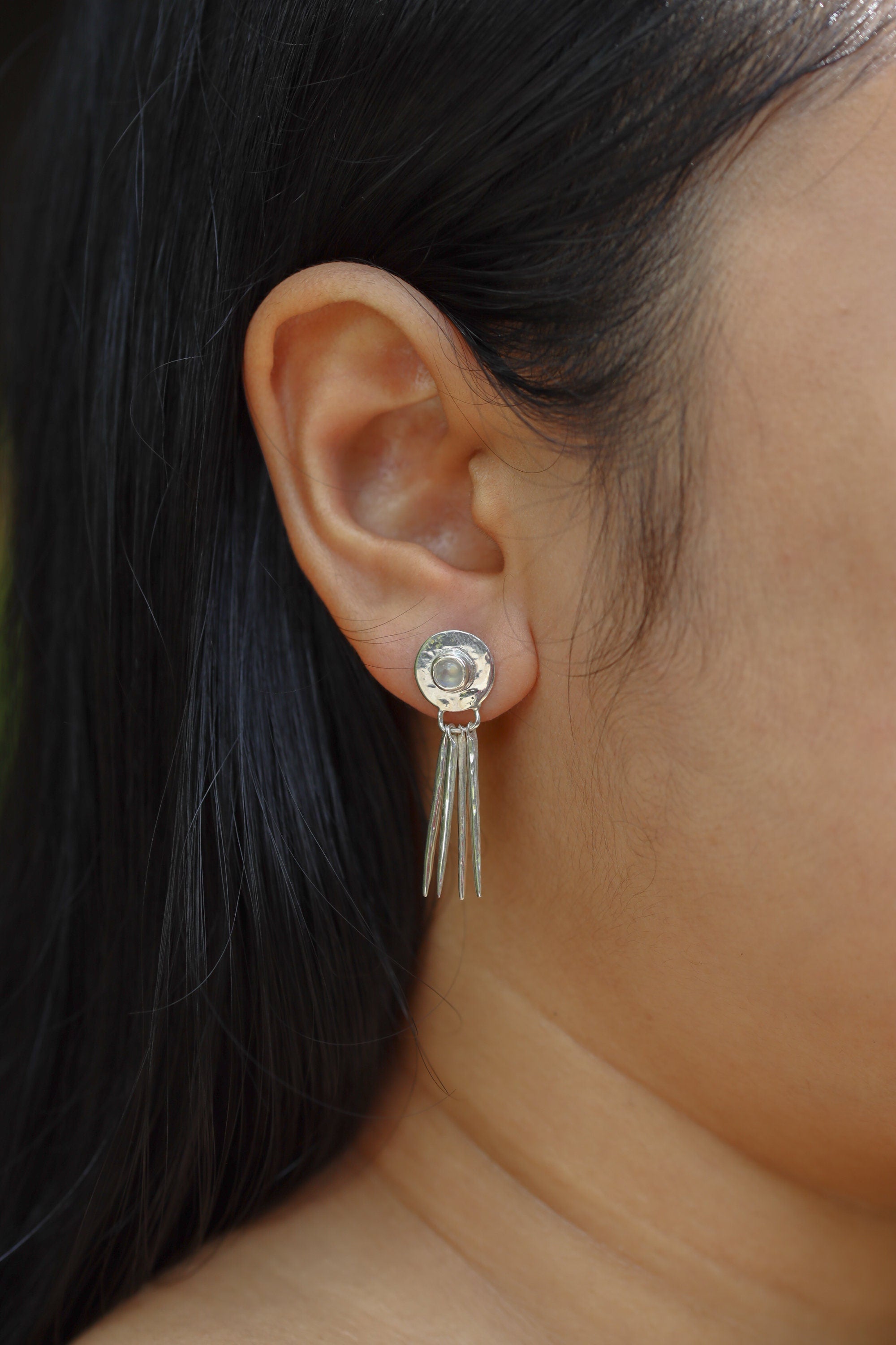 Petite Blue Moonstone Round Studs in 925 Sterling Silver, Shiny & Hammer Textured with Dangling Moon Ray Spikes Earrings Matching Necklace