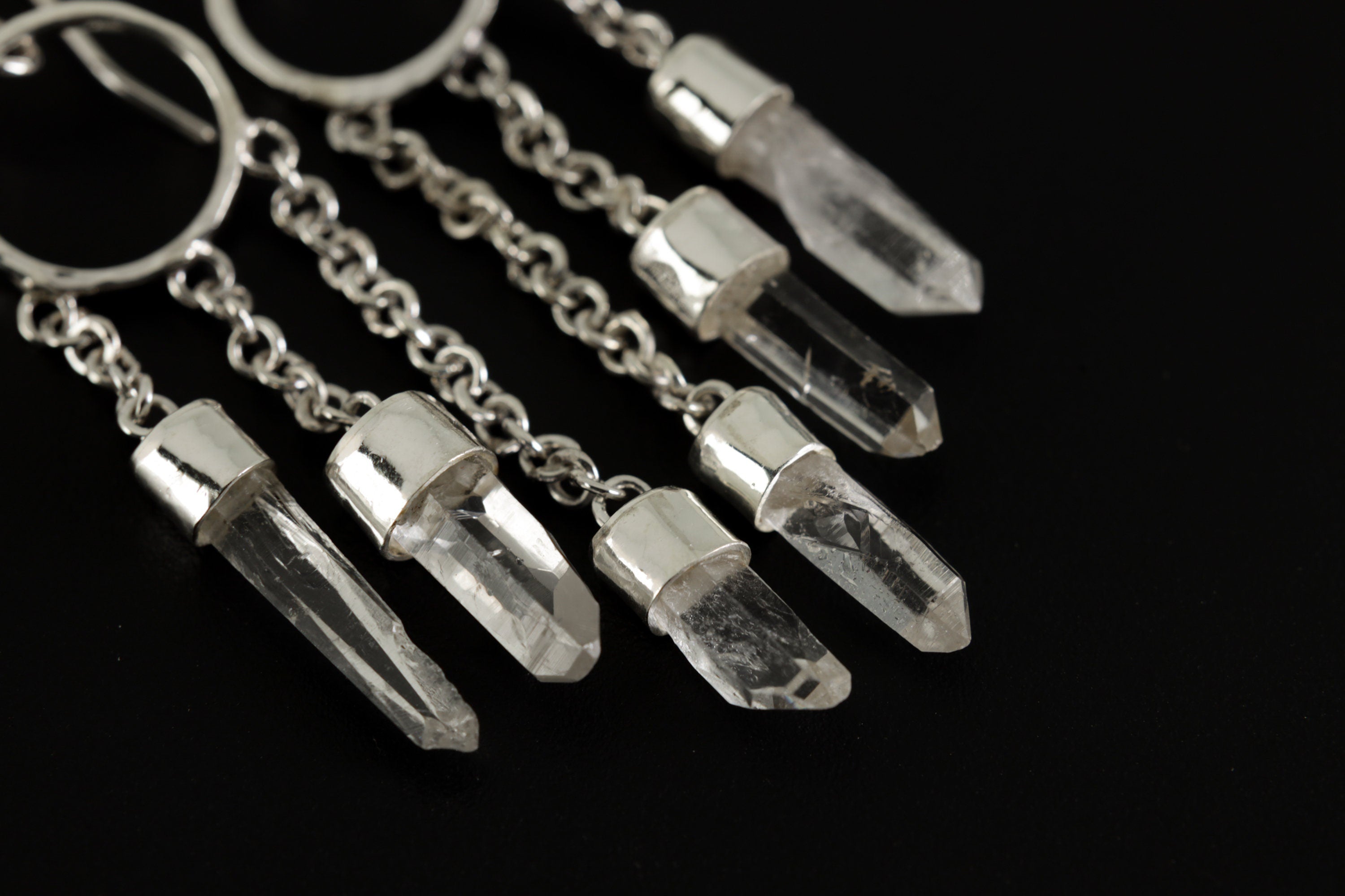 Hammered Hoop Earrings in 925 Sterling Silver, Featuring 3 Chain-Linked Celestial Lemurian Quartz Points, Stylish Hook Earrings