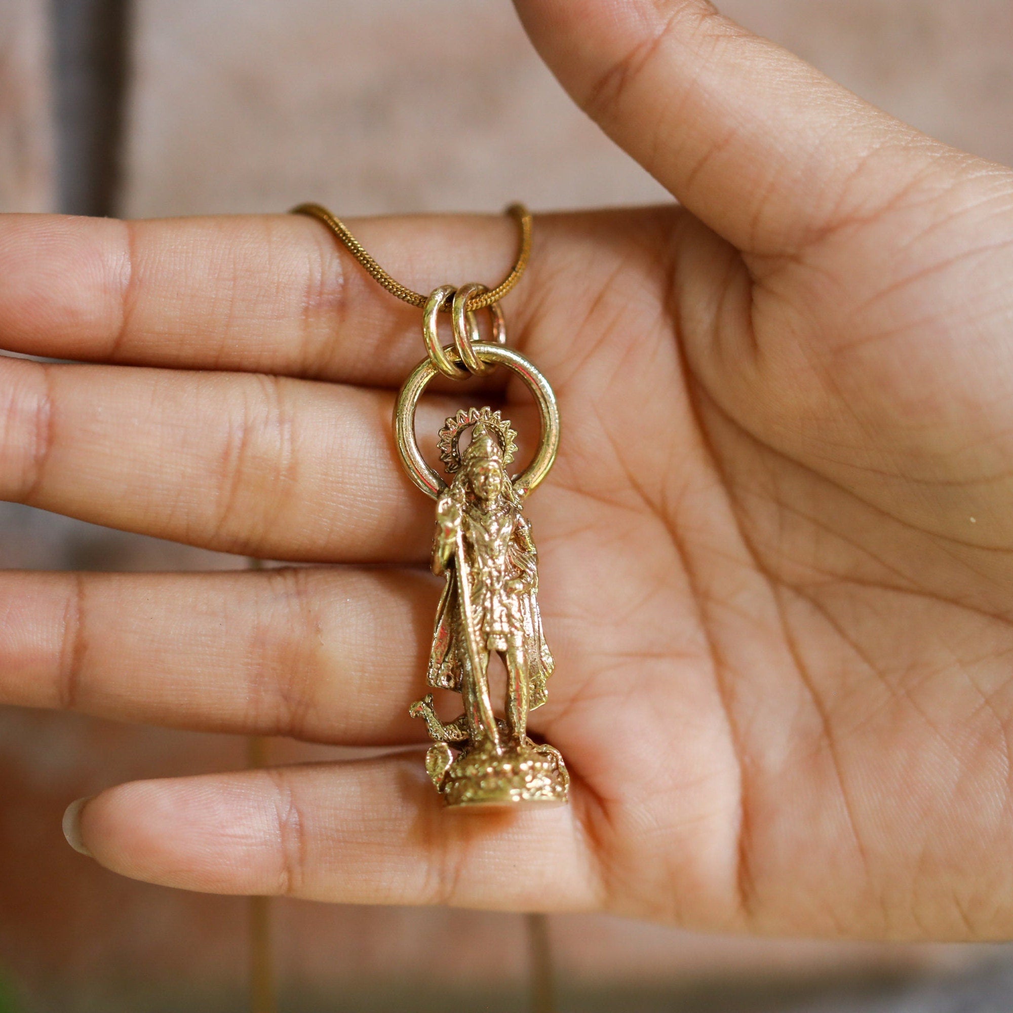 Hindu Pendant Cast Necklace Featuring Divine Veenadhara Saraswati, Gold Plated Brass Cast Charm, Symbolic Talisman for Knowledge Seekers