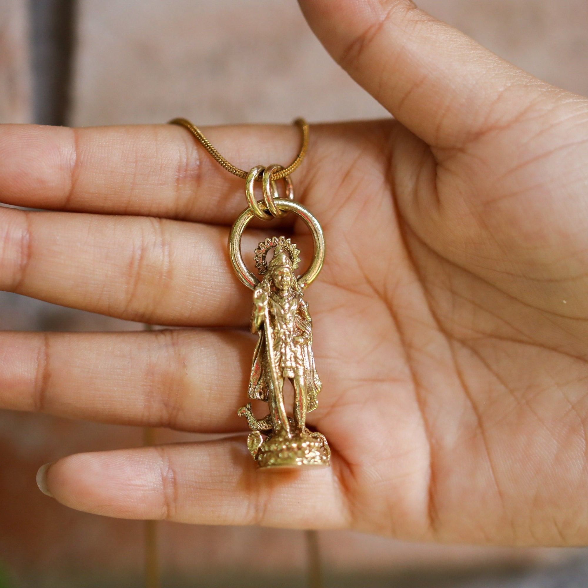 Hindu Pendant Cast Necklace Featuring Divine Veenadhara Saraswati, Gold Plated Brass Cast Charm, Symbolic Talisman for Knowledge Seekers