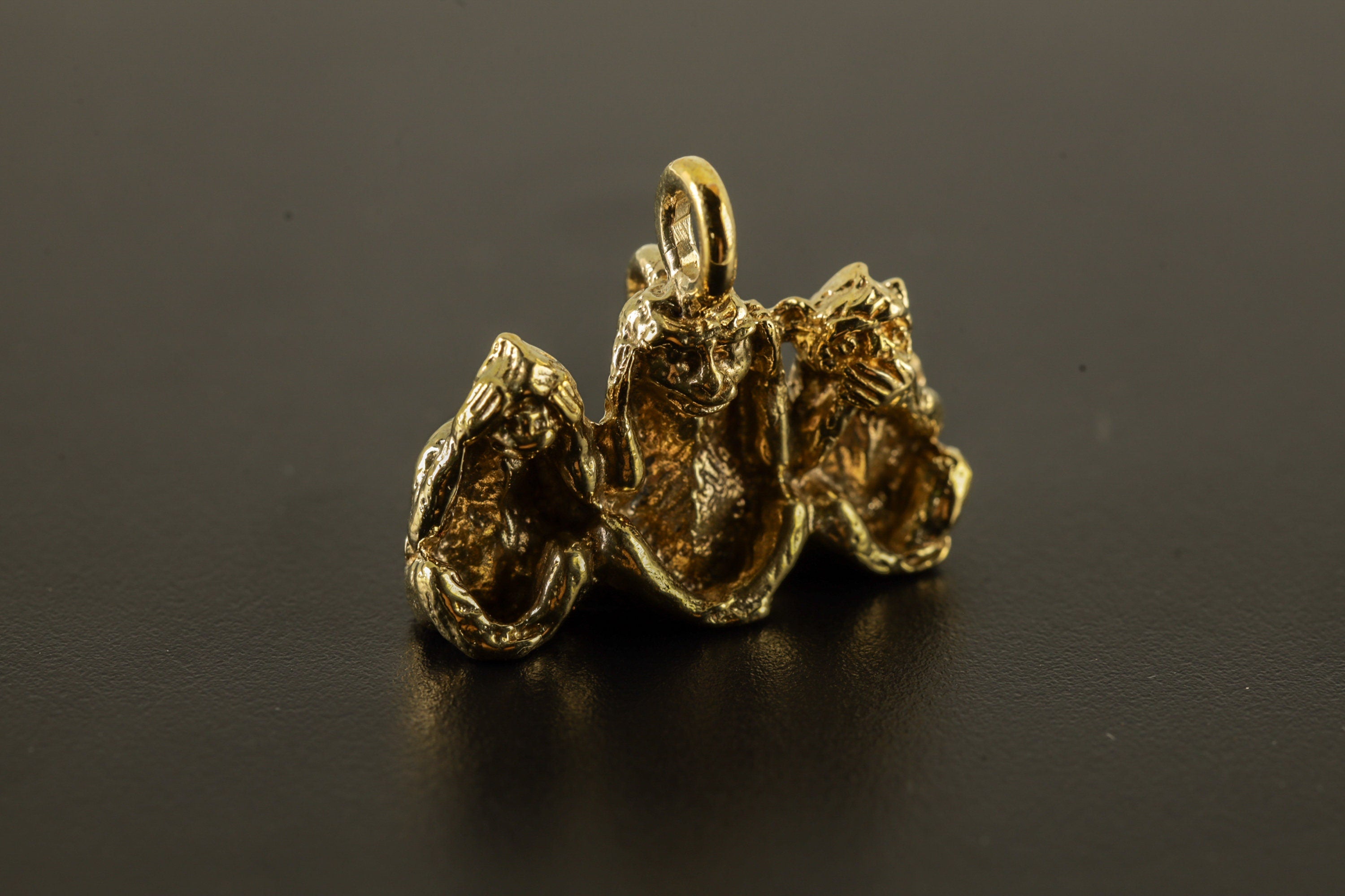 TriSage Simians Cast Pendant Necklace, Three Monkey Talisman in Gold Plated Brass cast, Embodying See Hear Do No Evil, Spiritual Charm Cast