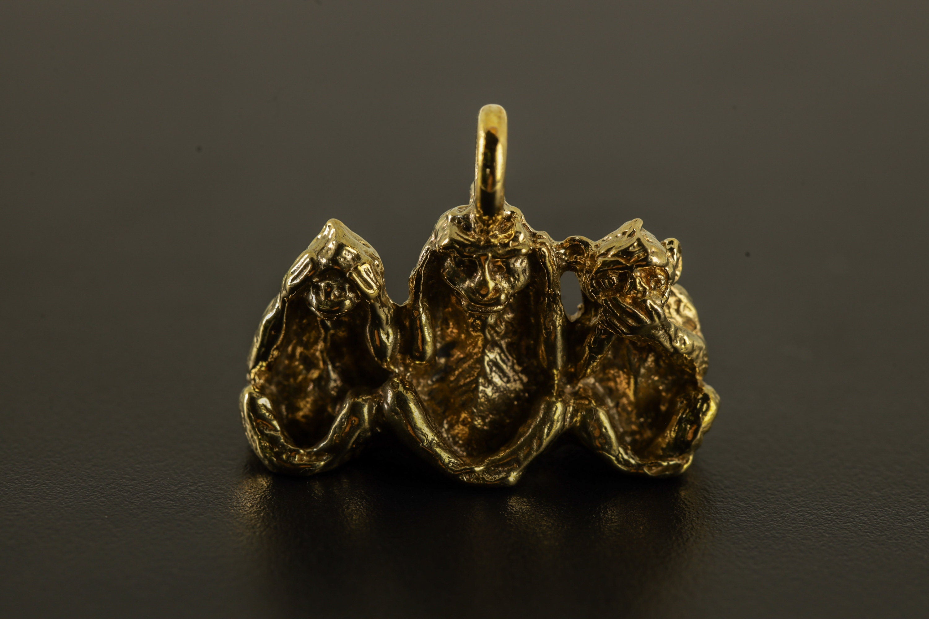 TriSage Simians Cast Pendant Necklace, Three Monkey Talisman in Gold Plated Brass cast, Embodying See Hear Do No Evil, Spiritual Charm Cast