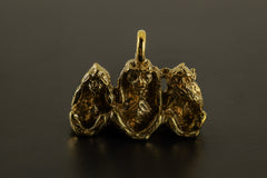 TriSage Simians Cast Pendant Necklace, Three Monkey Talisman in Gold Plated Brass cast, Embodying See Hear Do No Evil, Spiritual Charm Cast
