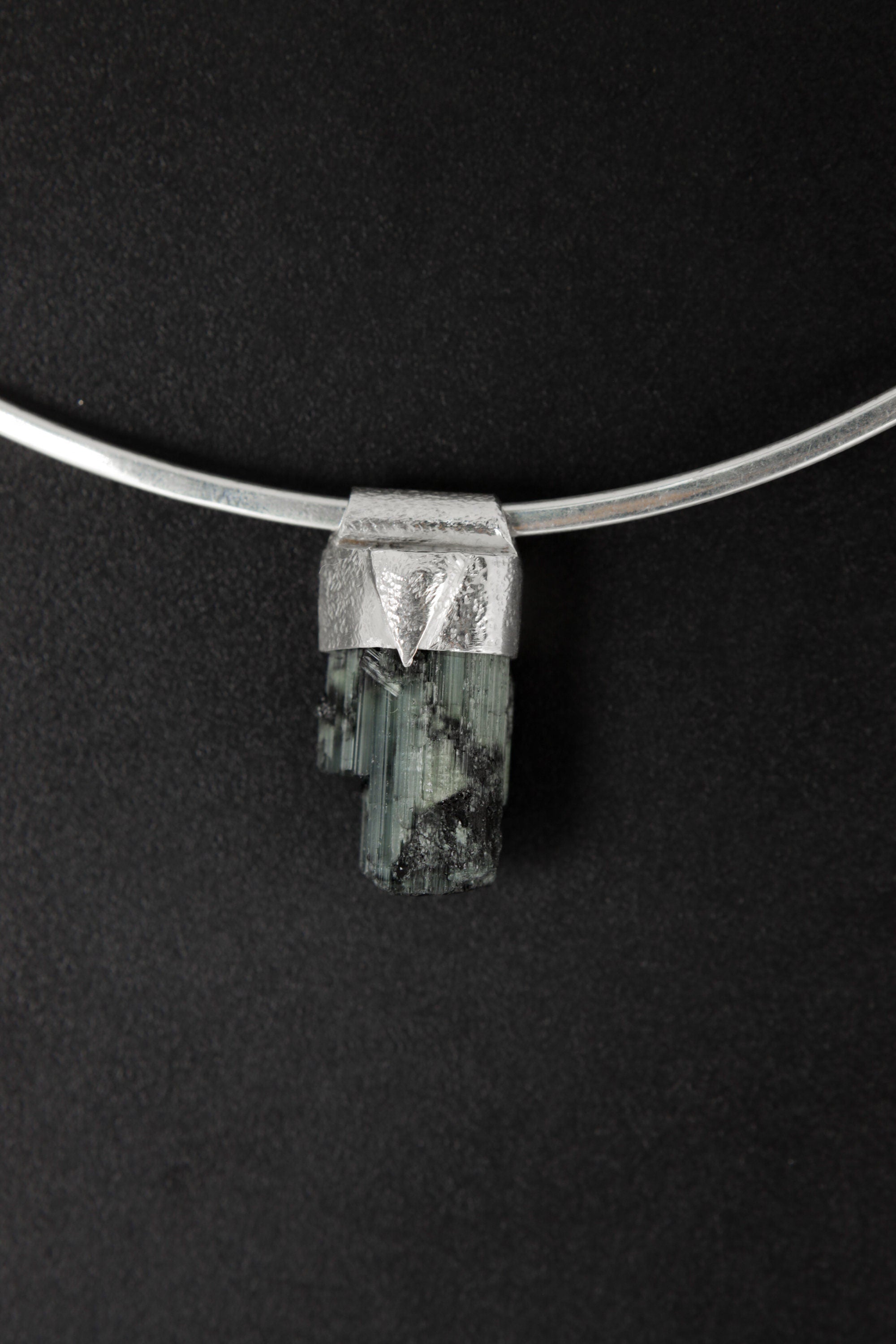 Raw Green Tourmaline Necklace: Sterling Silver Textured Pendant