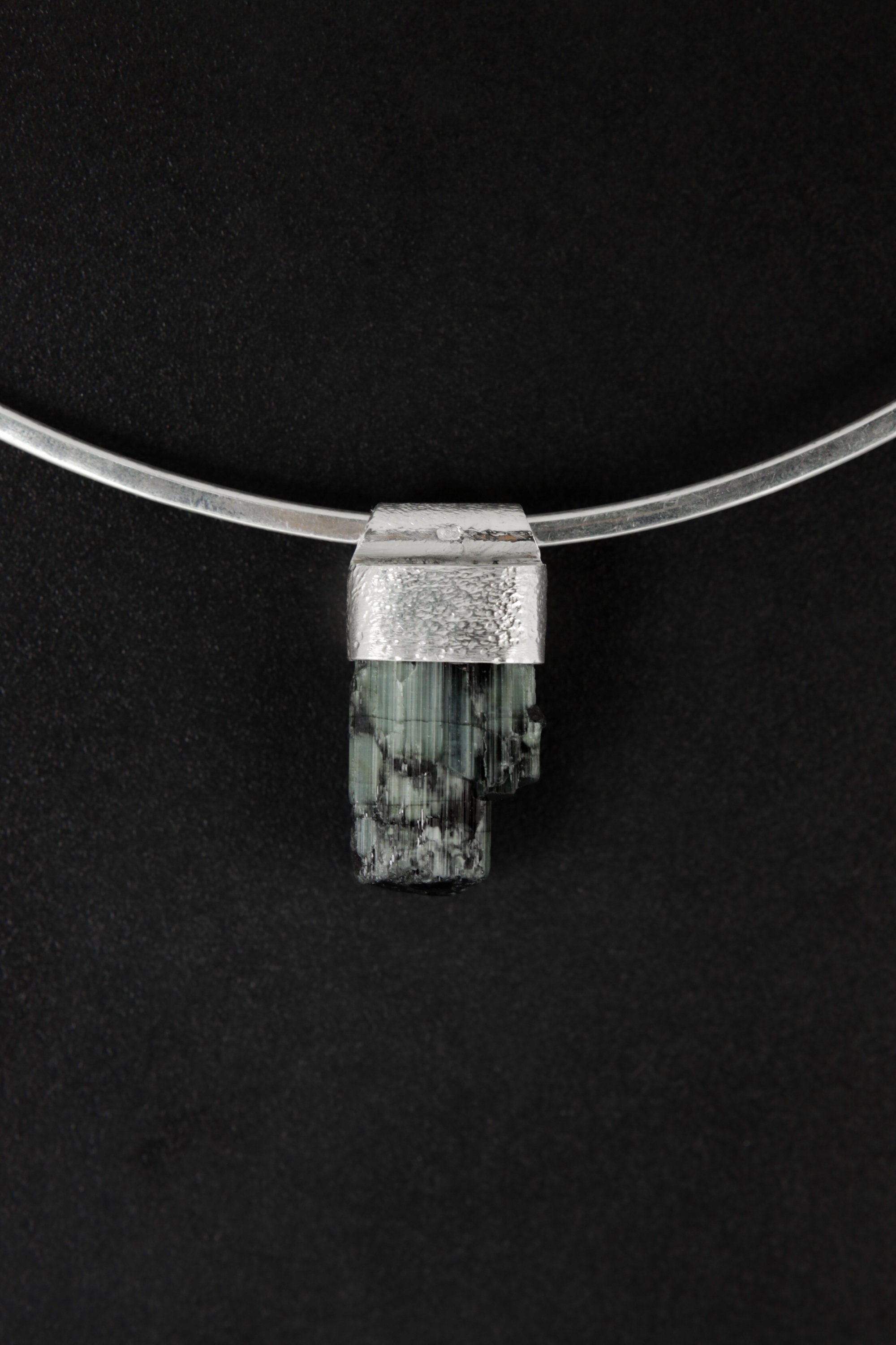 Raw Green Tourmaline Necklace: Sterling Silver Textured Pendant