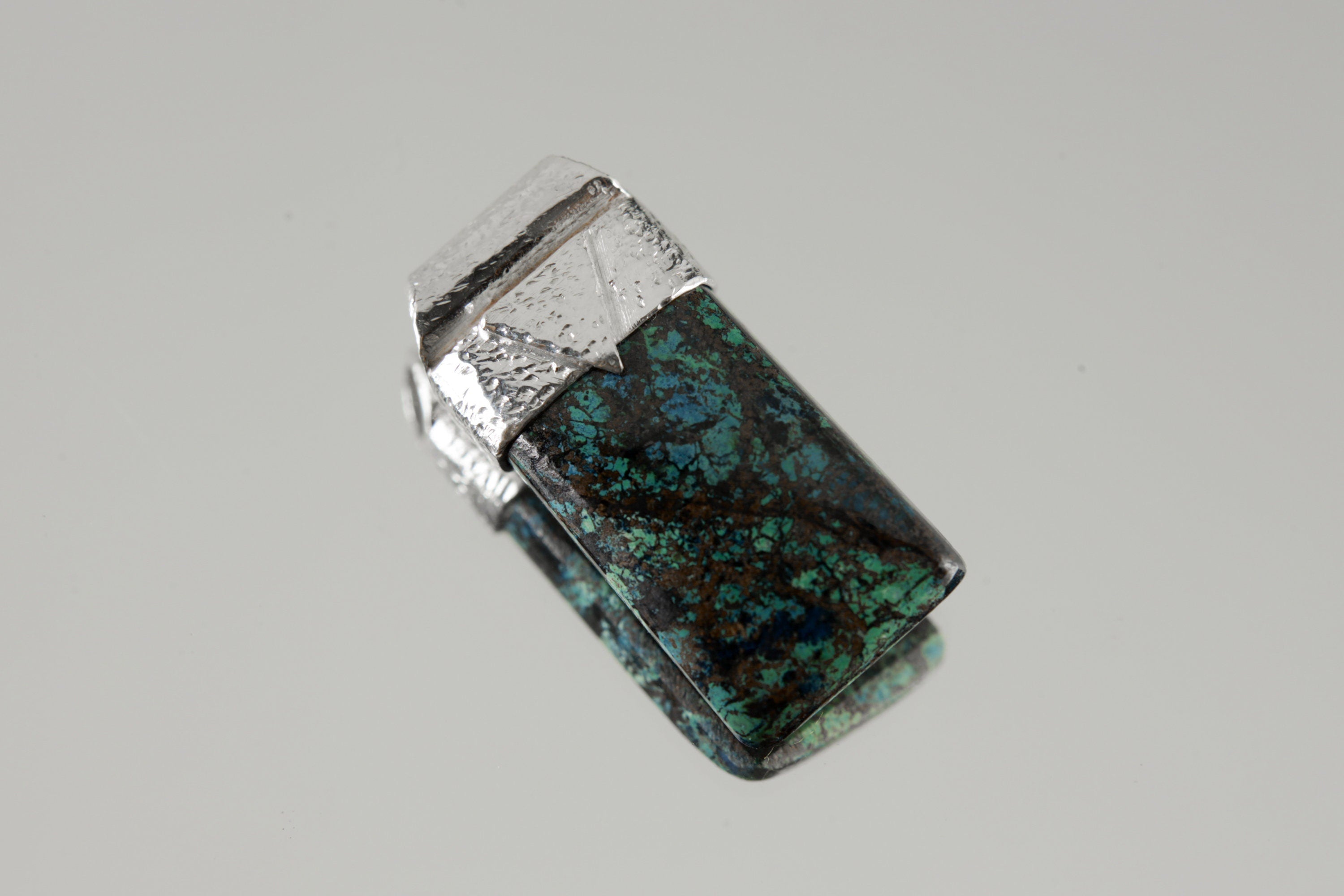 Australian Chrysocolla Cabochon Stack Pendant, Organic Textured 925 Sterling Silver, Throat Chakra, Gemini Zodiac, Communication Strength