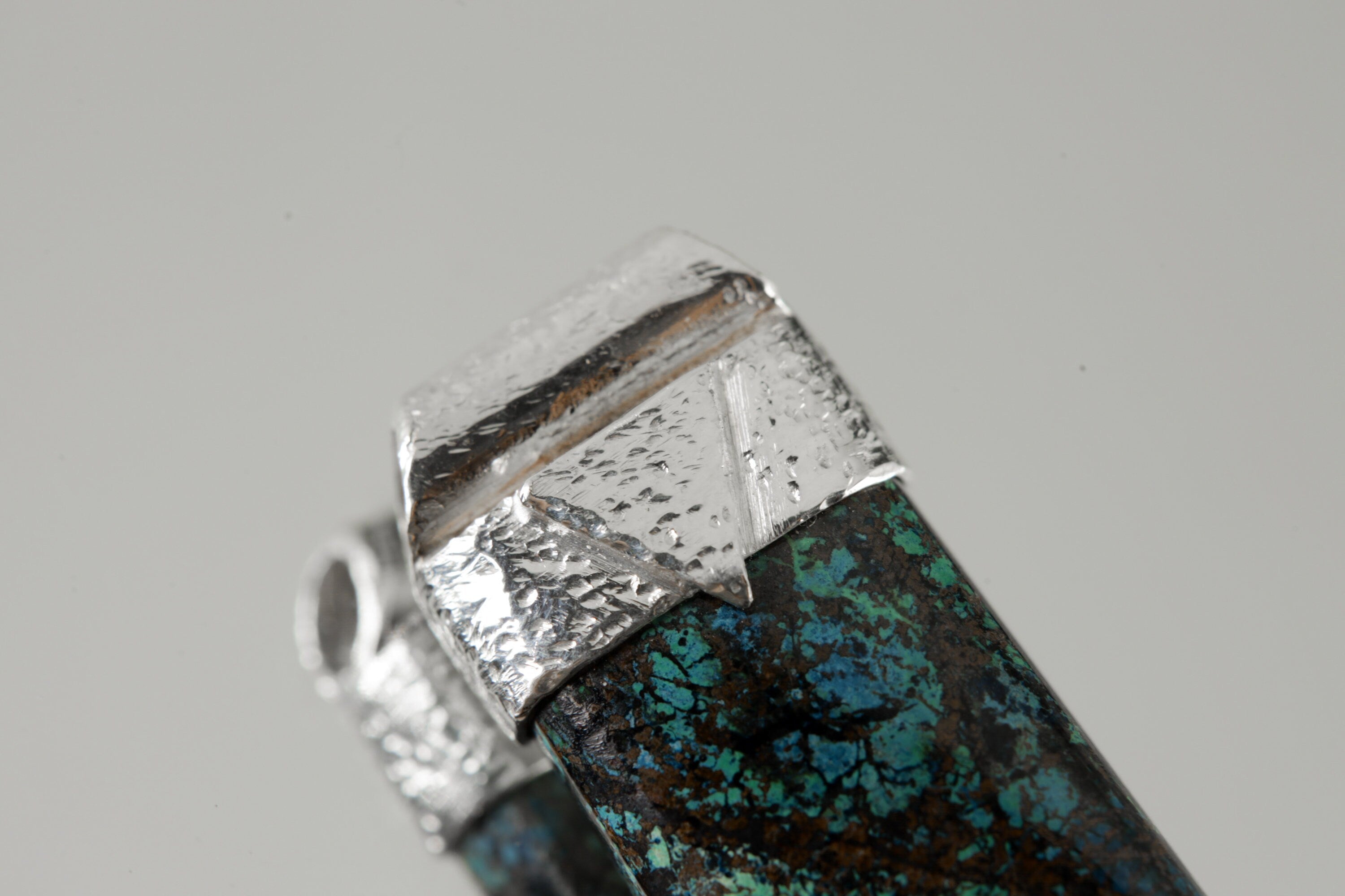 Australian Chrysocolla Cabochon Stack Pendant, Organic Textured 925 Sterling Silver, Throat Chakra, Gemini Zodiac, Communication Strength