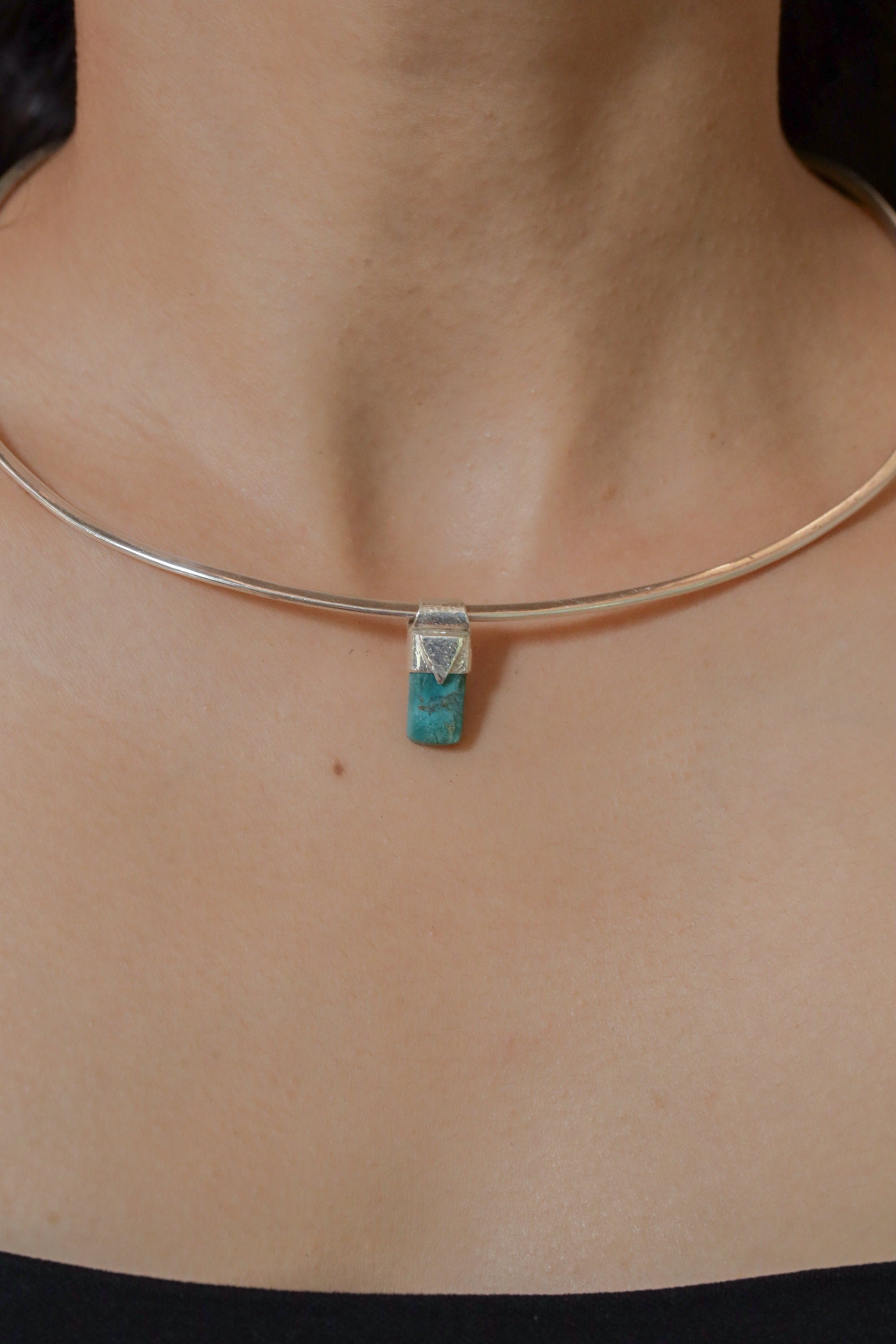Tiny Australian Chrysocolla Cabochon Stack Pendant, Organic Textured 925 Sterling Silver, Throat Chakra, Virgo Zodiac, Communication