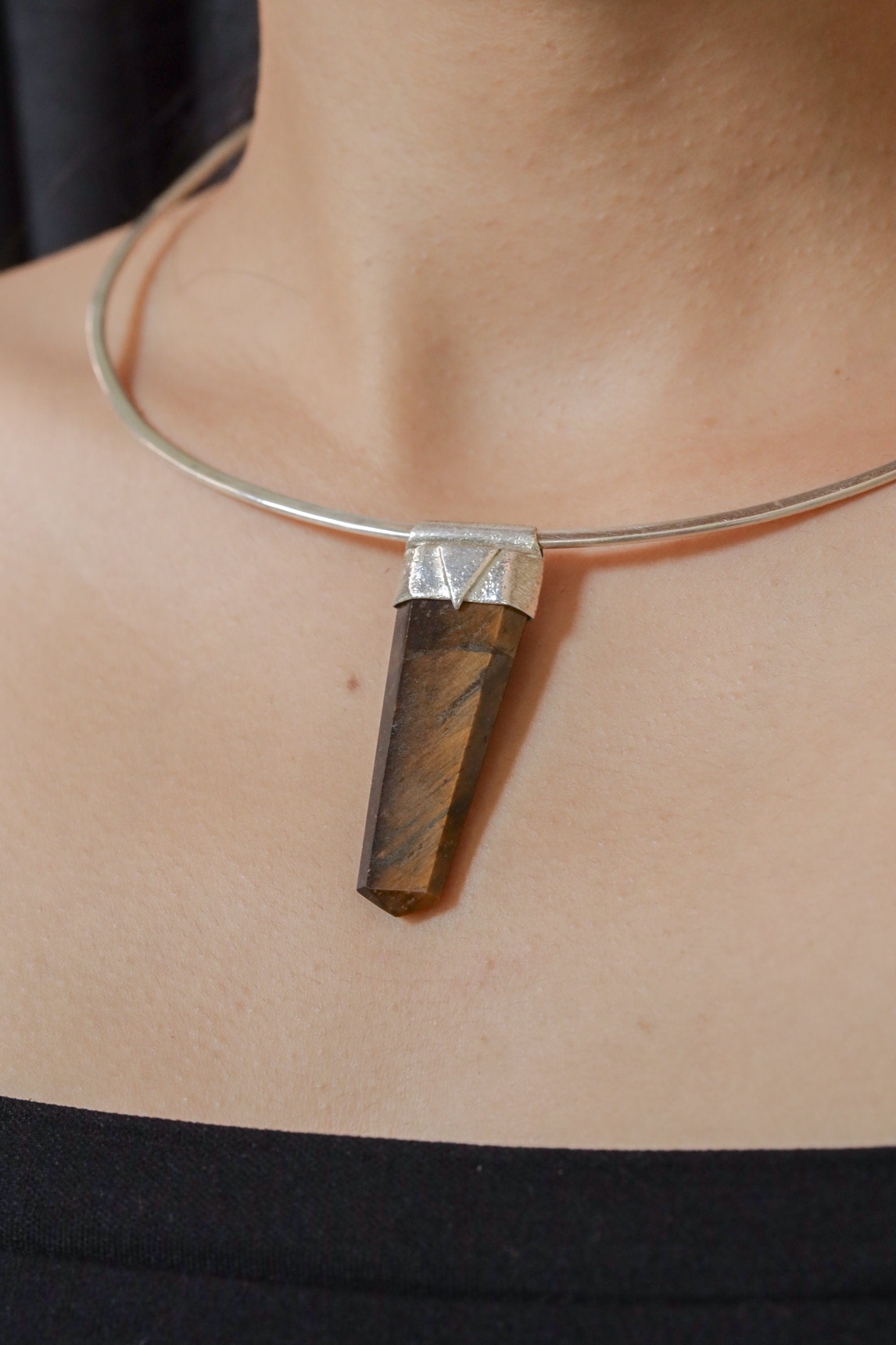 New photo Obelic Cut Tiger Eye Point - Stack Pendant - Organic Textured 925 Sterling Silver - Crystal Necklace
