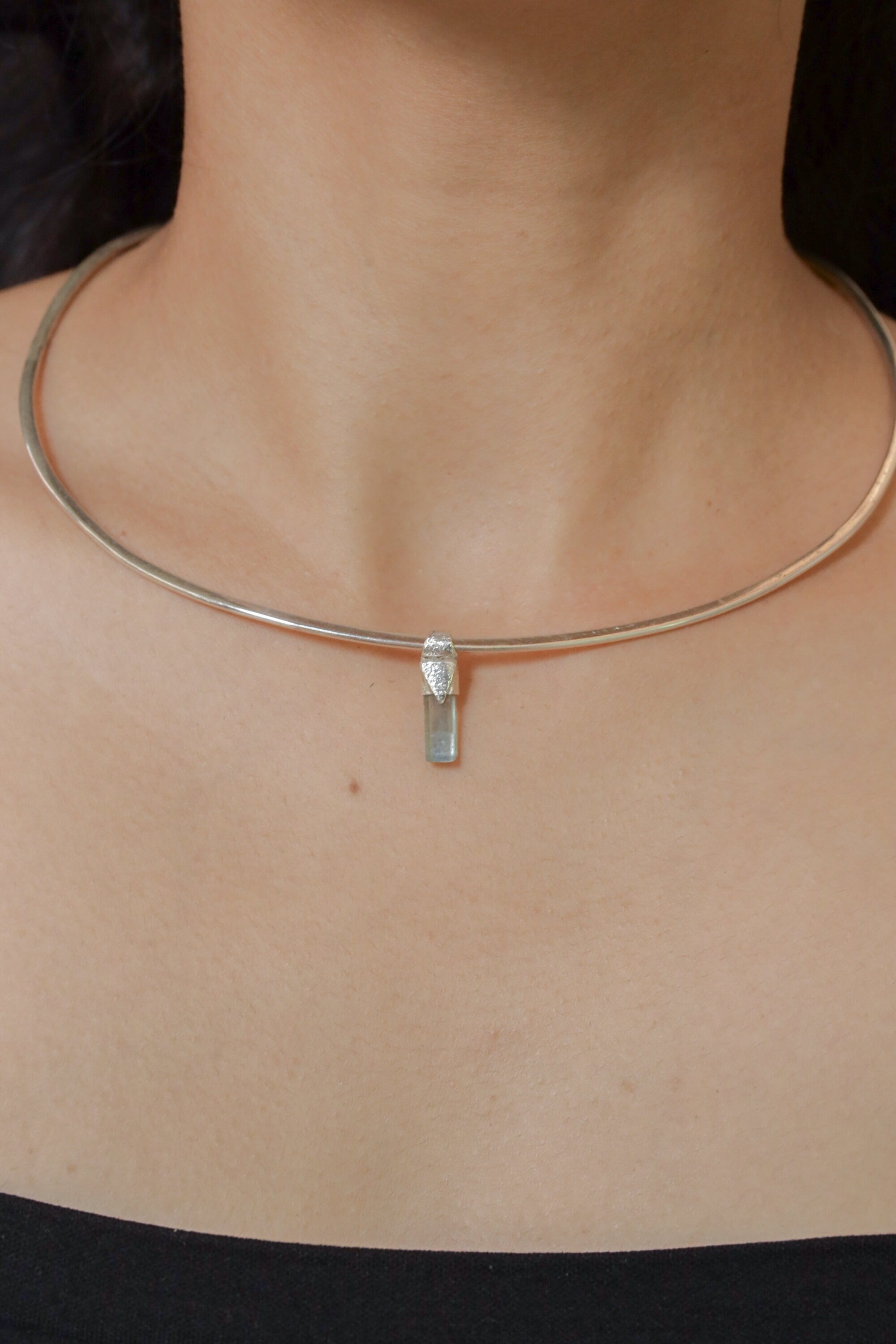 Tiny Natural Capped Gem Aquamarine - Stack Pendant - Organic Textured 925 Sterling Silver - Crystal Necklace