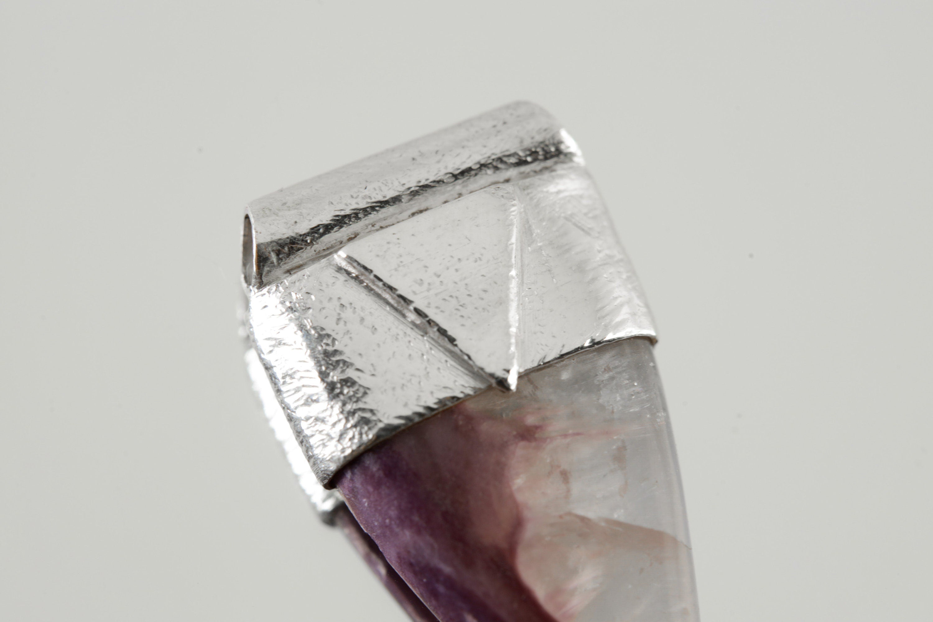 Fang Shaped Silicate Charoite Cabochon Stack Pendant, Organic Textured Sterling Silver, Third Eye Chakra, Scorpio, Spiritual, Unique Gift