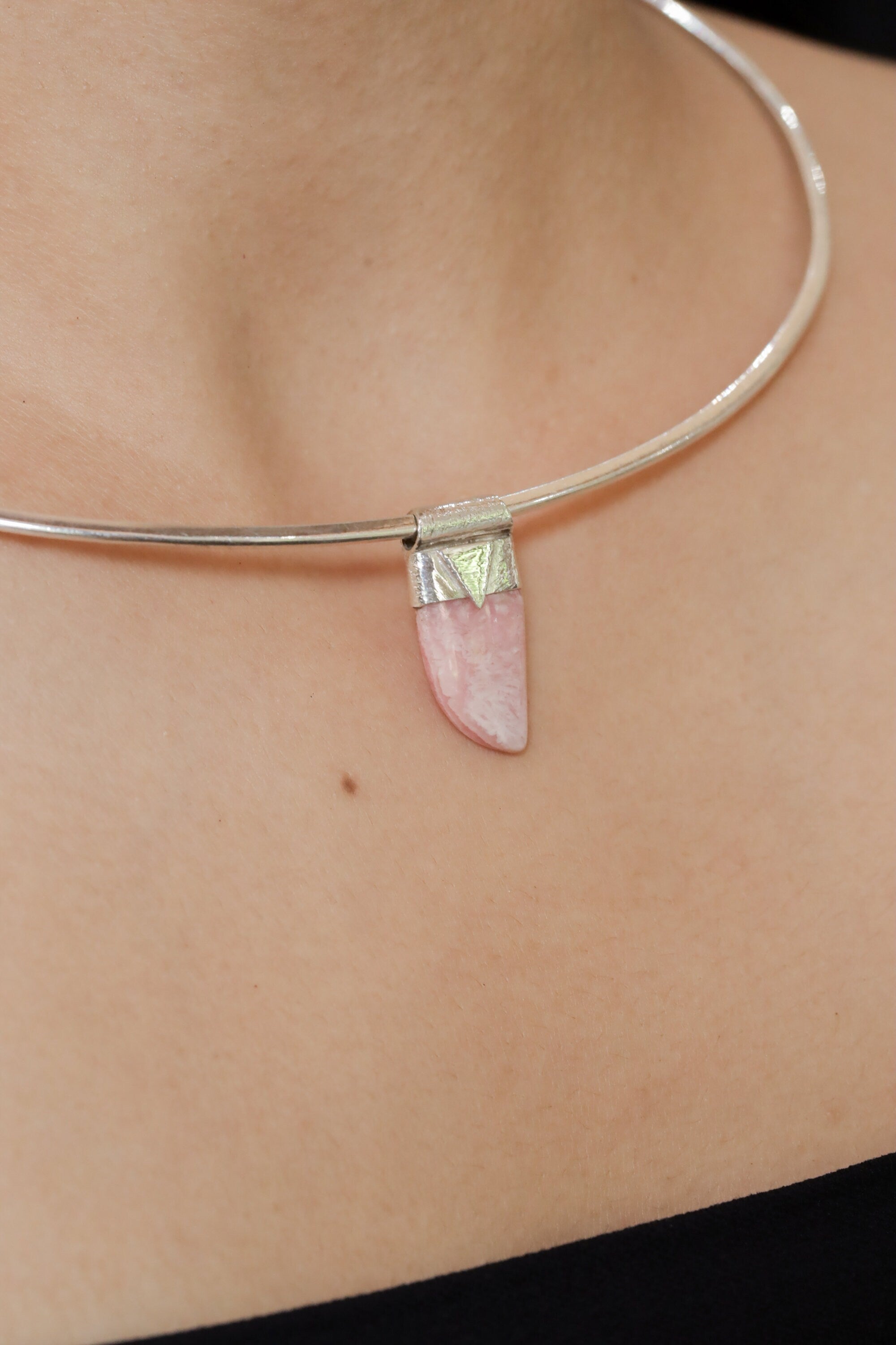 Gemmy Rhodochrosite Tooth Cabochon - Stack Pendant - Organic Textured 925 Sterling Silver - Crystal Necklace