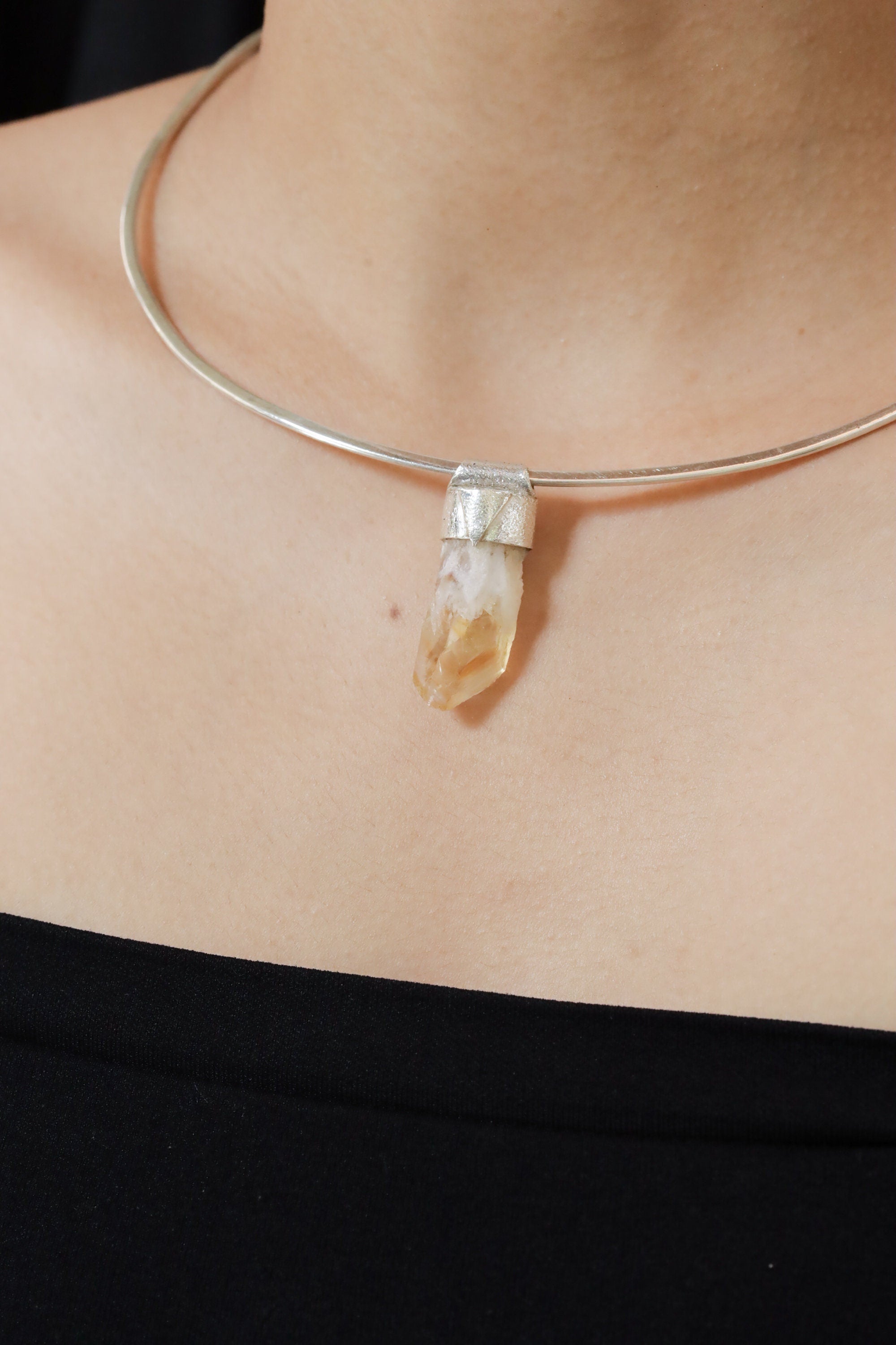 Natural Phantom Citrine Quartz Point Pendant: Textured Sterling Silver