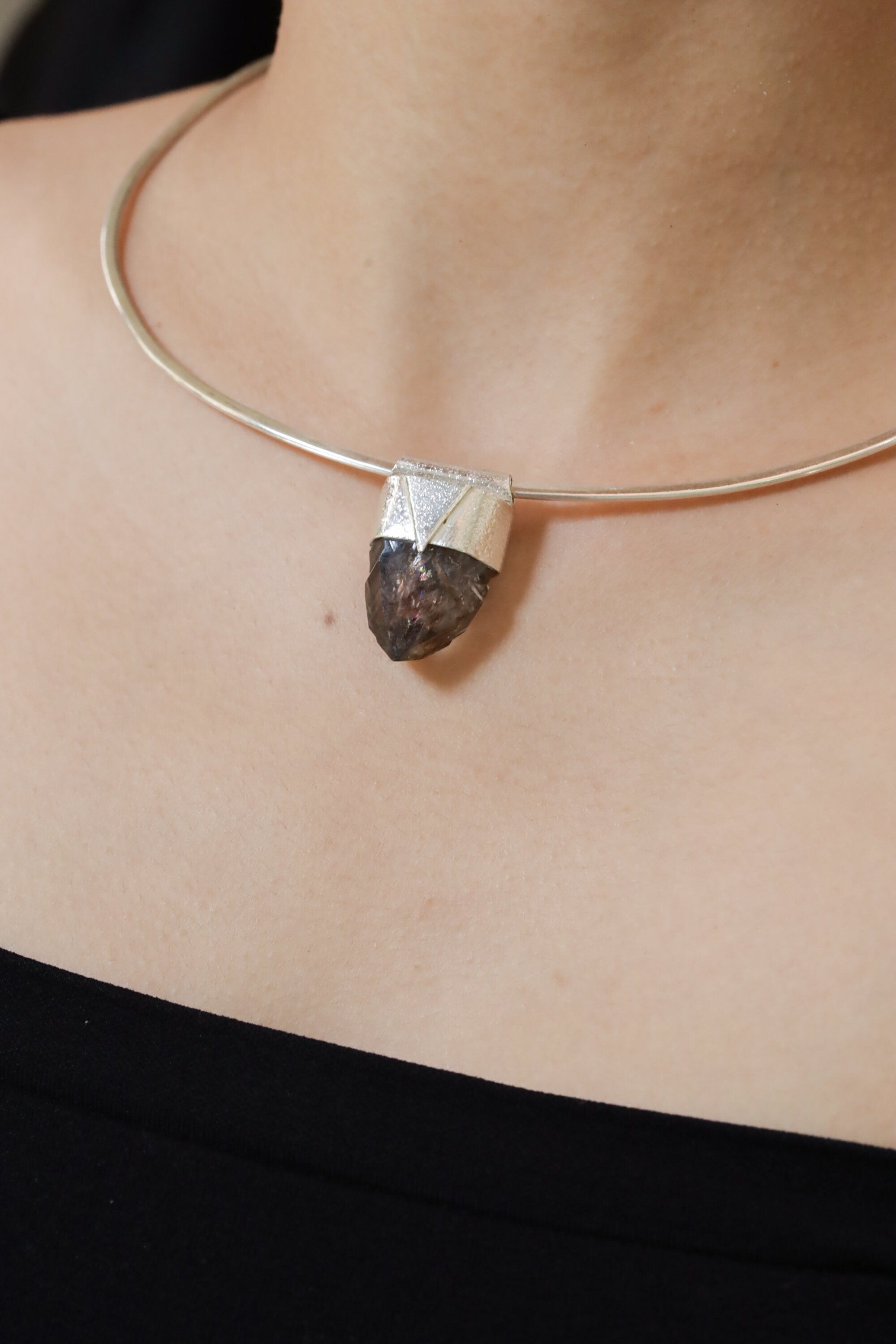 Australian Double Terminated Laser Morella Smoky Quartz - Stack Pendant - Organic Textured 925 Sterling Silver - Crystal Necklace