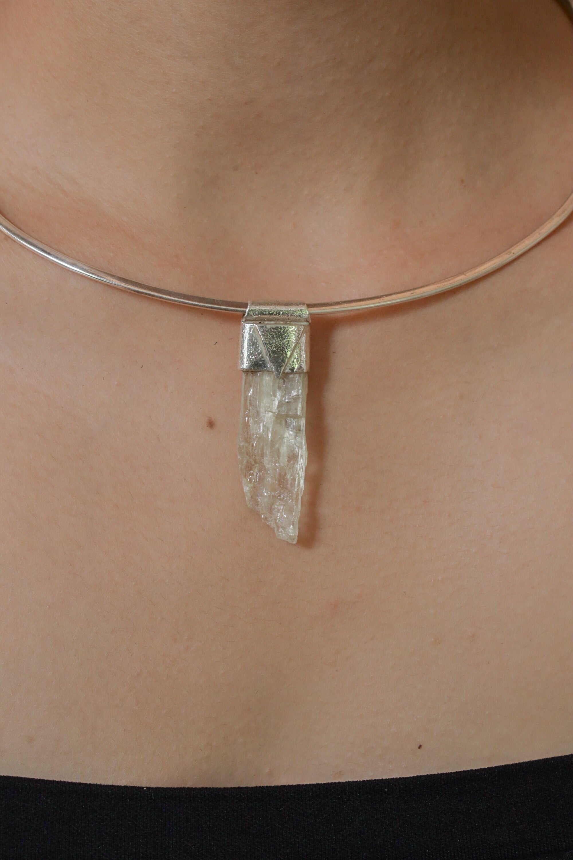 Light Green Hiddenite / Spodumene - Stack Pendant - Organic Textured 925 Sterling Silver - Crystal Necklace