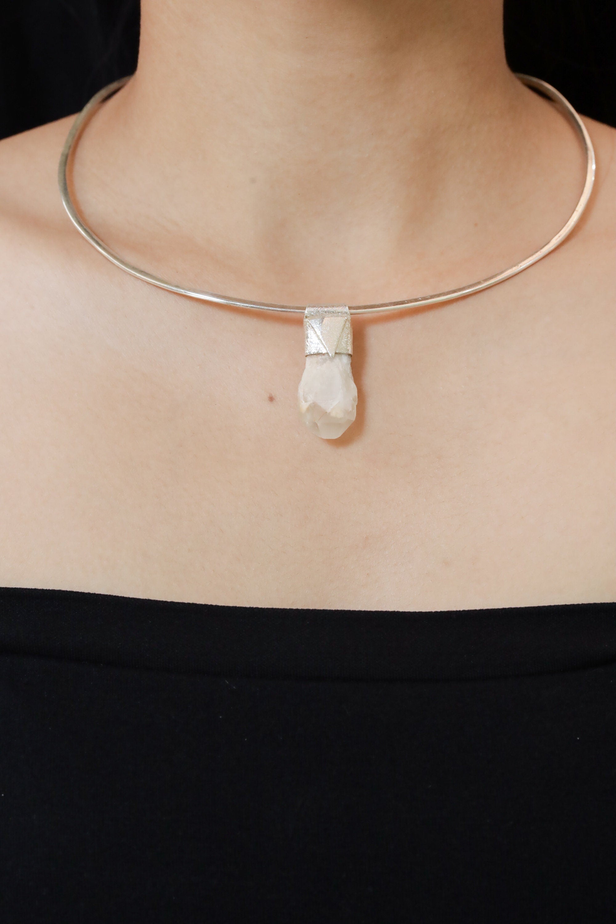 Australian Drusy White Phantom Quartz Stack Pendant shown worn on the chest with sterling silver cap and milky crystal point.