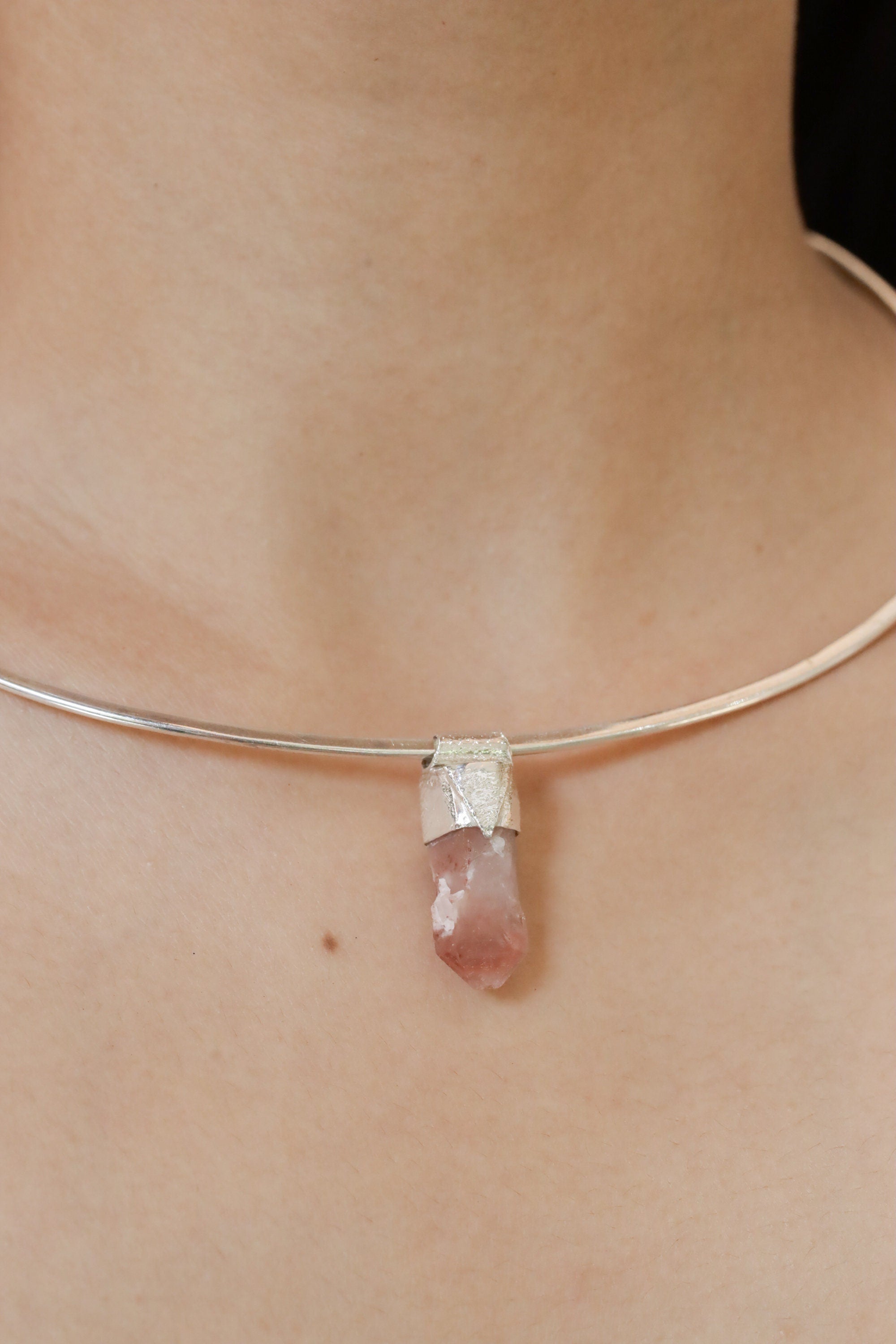 Australian Phantom Lithium Quartz Pendant: Textured Sterling Silver Crystal Stack