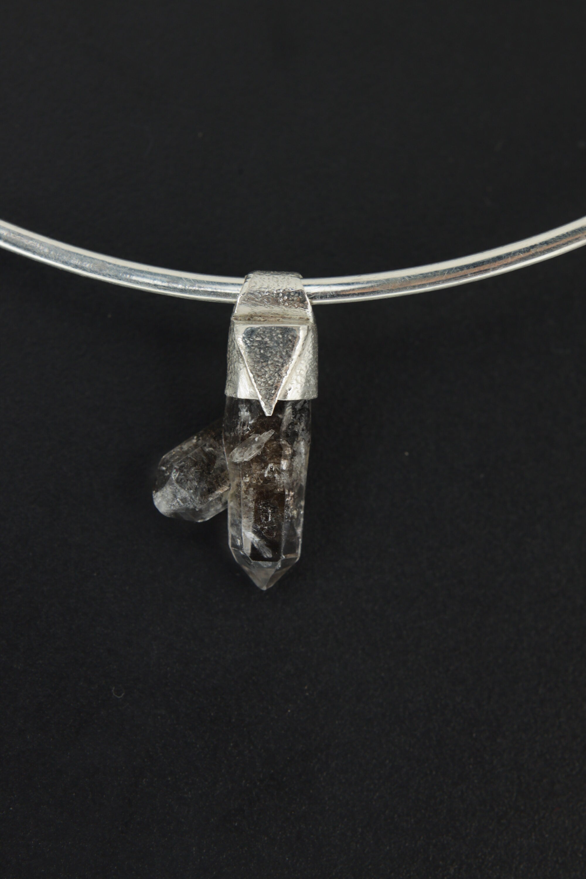 Twin Double Terminated Tibetan Inclusion Quartz - Stack Pendant - Organic Textured 925 Sterling Silver - Crystal Necklace
