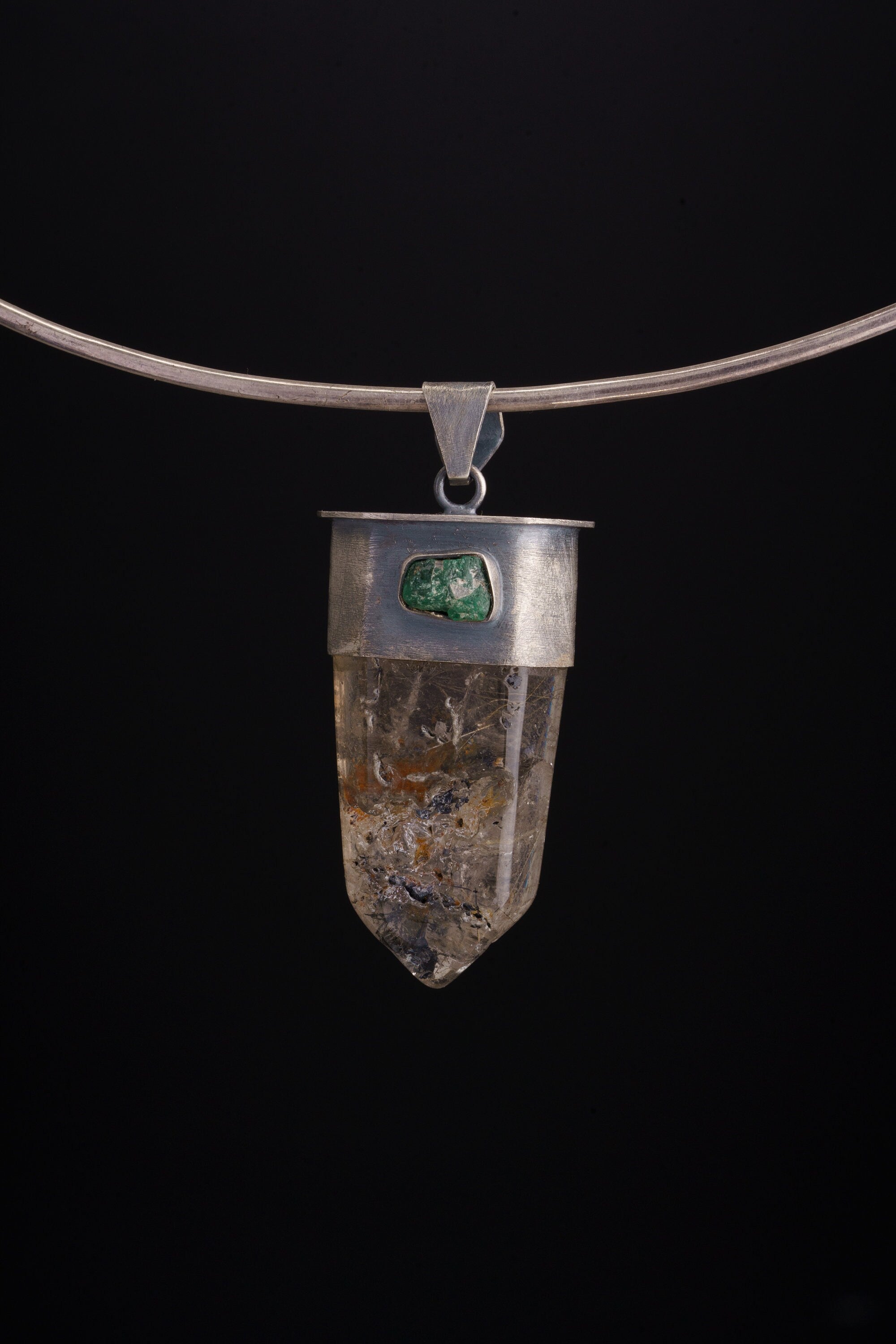 Visionary Pendant Australian: Natural Raw Gemmy Emerald & Inclusion Quartz Point - Sterling Silver - Textured - Oxidize