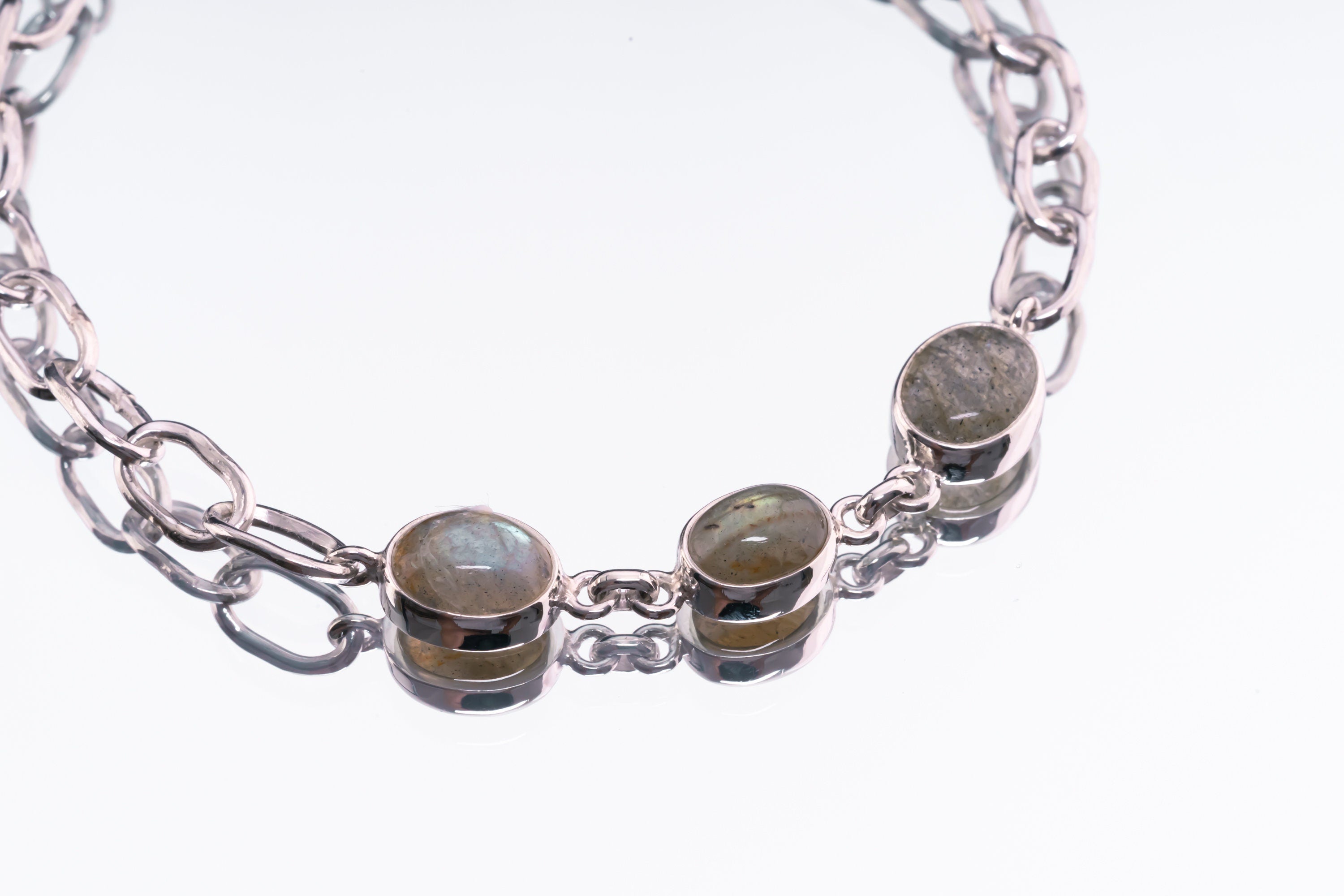 Crystal Bracelet Adjustable with Three Labradorite & Herkimer Diamond Charm 925 Sterling Silver Hammered Thick Link Chain Polished Finish