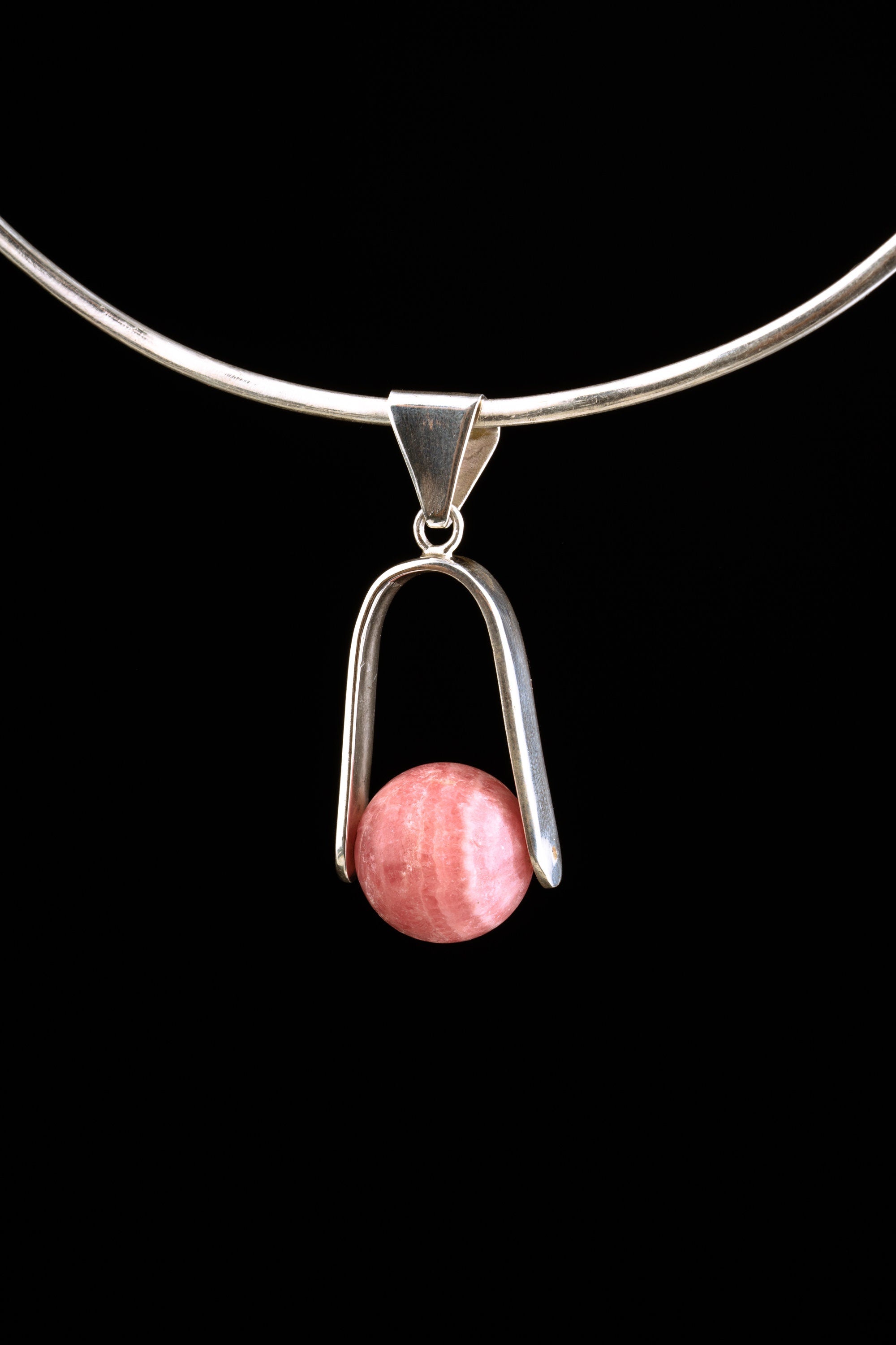 Rotating Rhodochrosite Orb Sphere - Sterling Silver Pendant - Shiny Finish