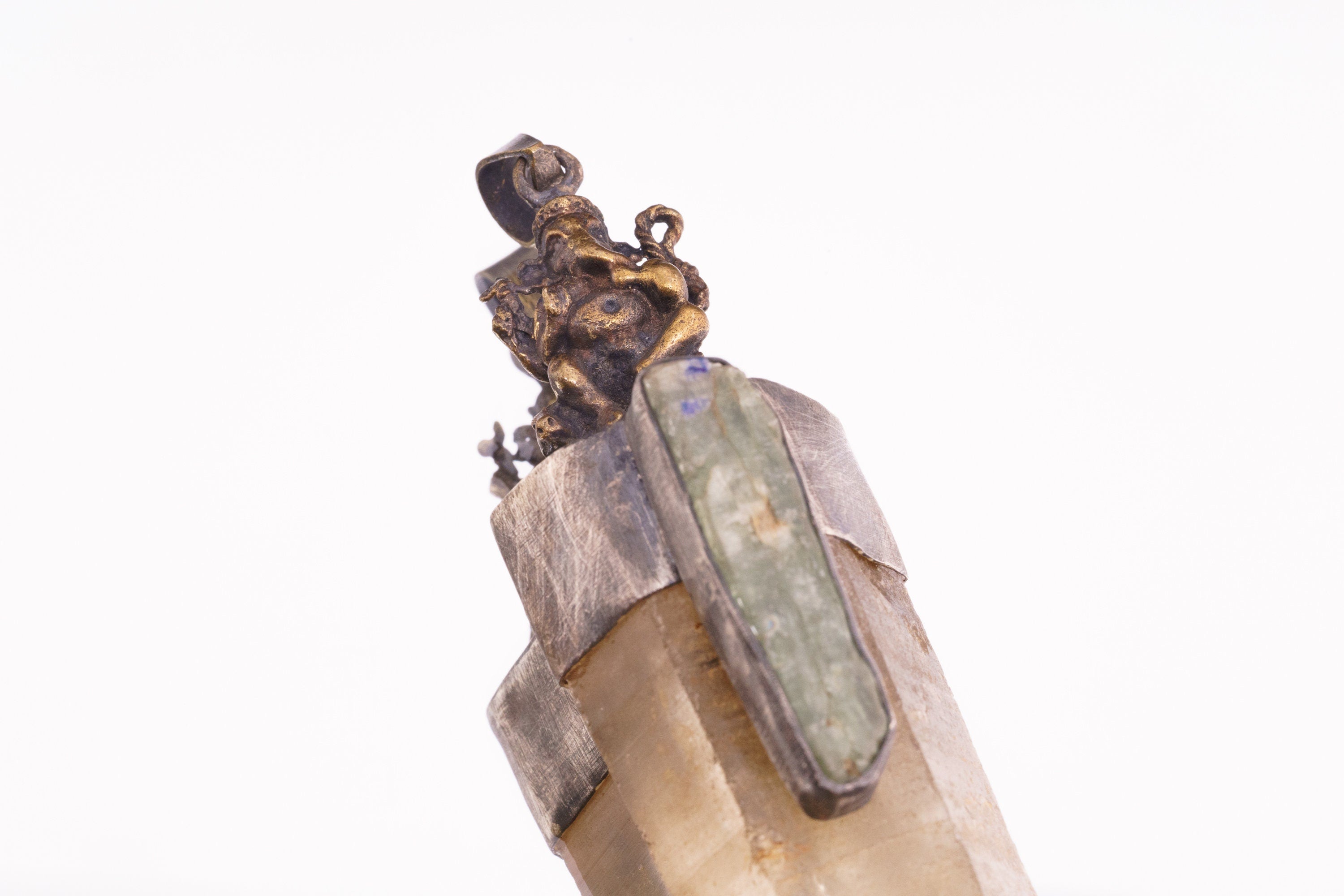 Green Kyanite & Australian Lemurian Citrine point - Brushed Sterling Silver Set - Brass Cast Ganesha - Crystal Pendant