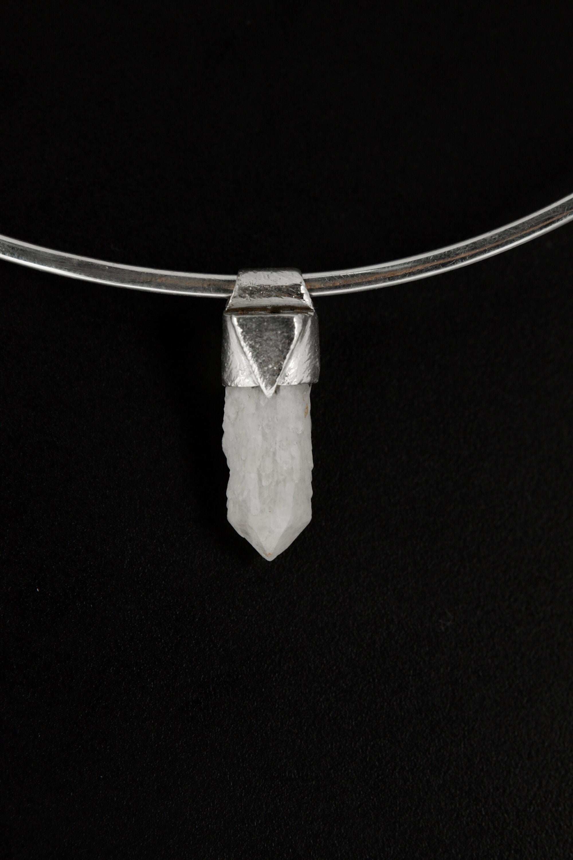 Australian Drusy Cathedral Candle Quartz Stack Pendant shown on black background with sterling silver cap and creamy crystal point.