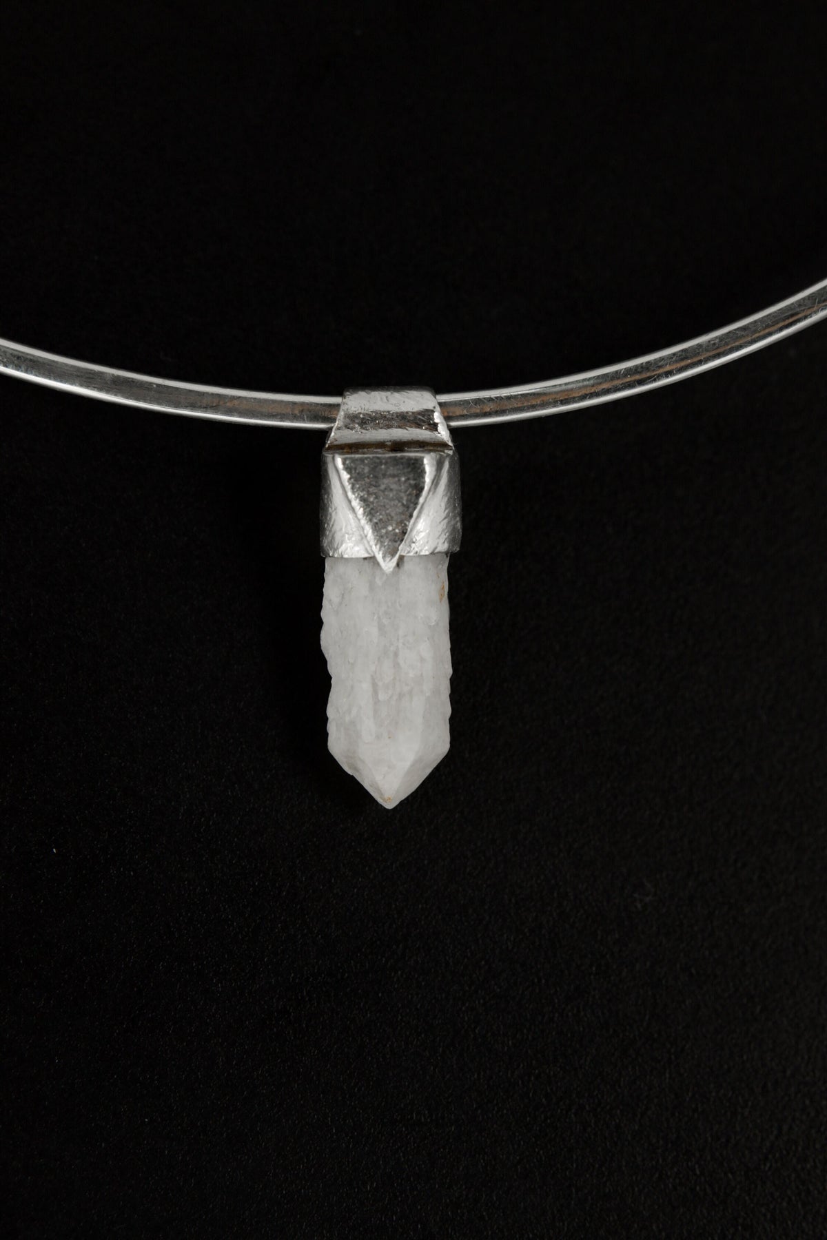 Australian Drusy Cathedral Candle Quartz Stack Pendant shown on black background with sterling silver cap and creamy crystal point.