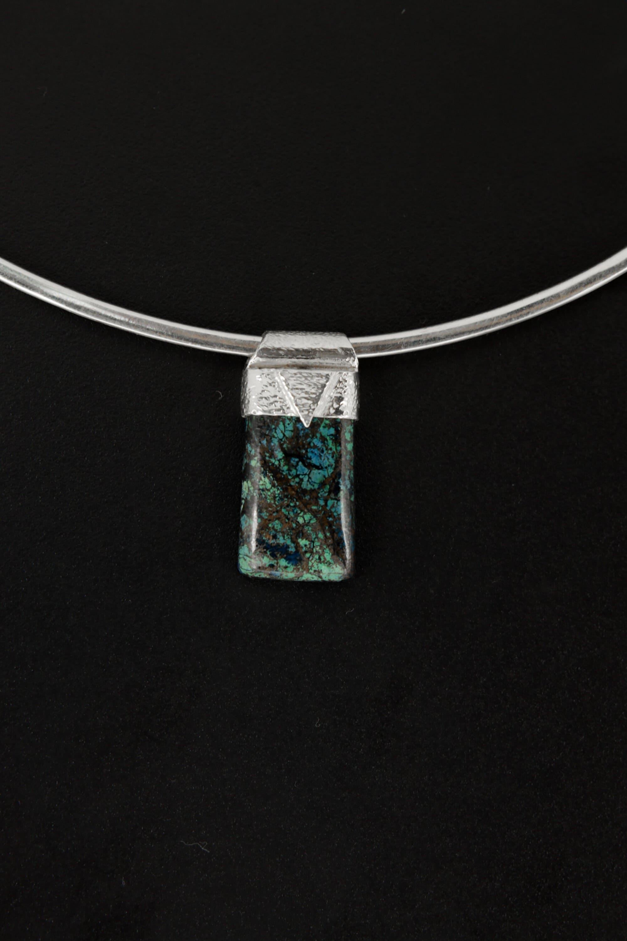 Australian Chrysocolla Cabochon Stack Pendant, Organic Textured 925 Sterling Silver, Throat Chakra, Gemini Zodiac, Communication Strength